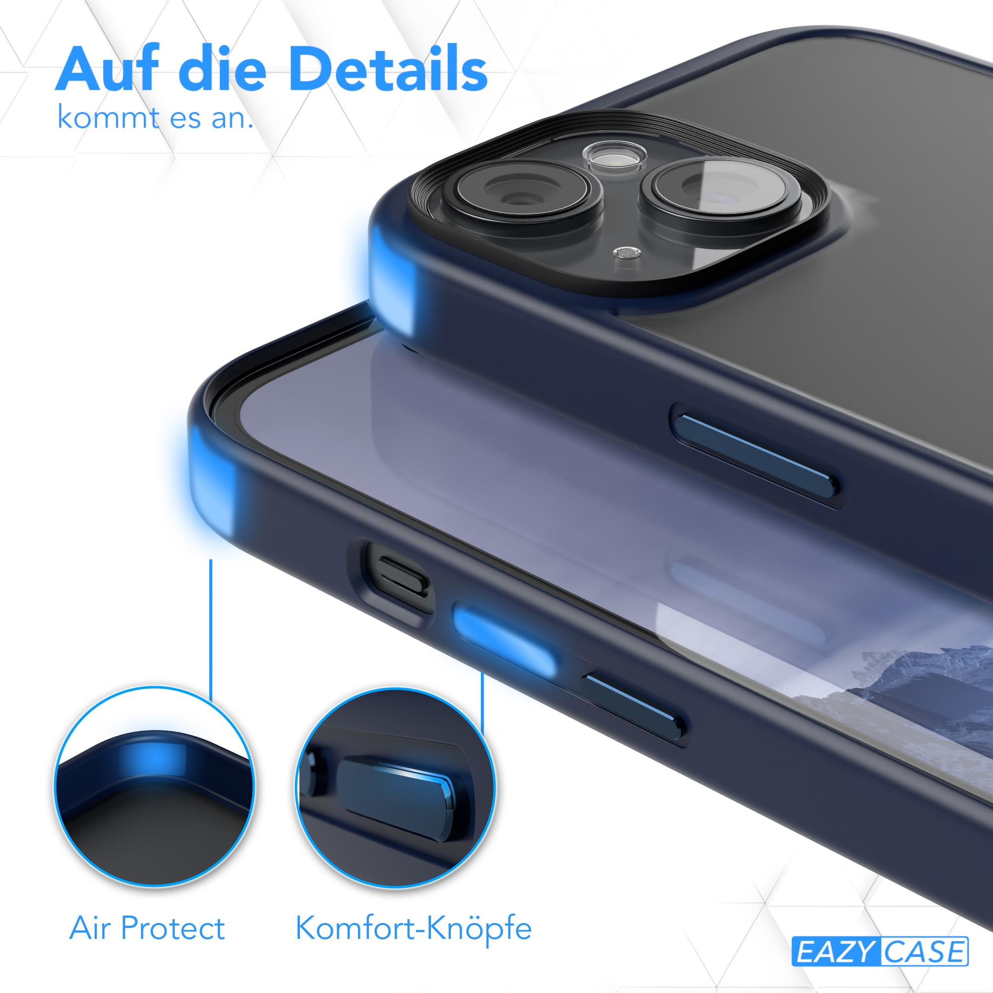 Blaue Handyhülle auf Weiß, mit Luftschutz und Komforttasten, Details gezeigt.