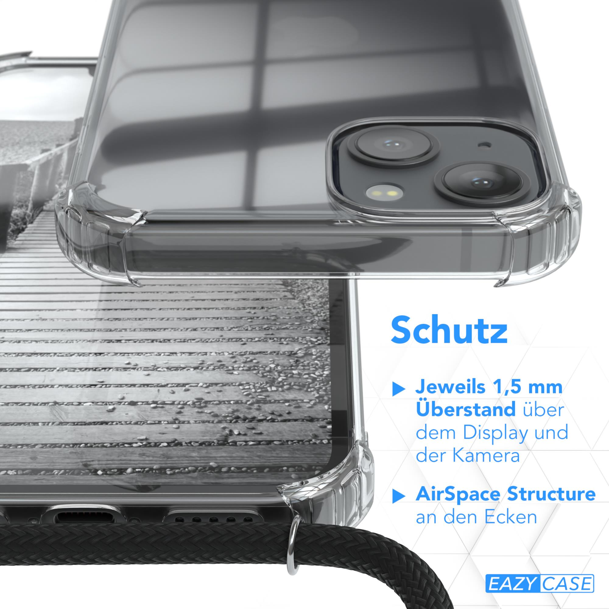 Transparente Handyhülle über strukturiertem Hintergrund. Text über Display und Ecken.