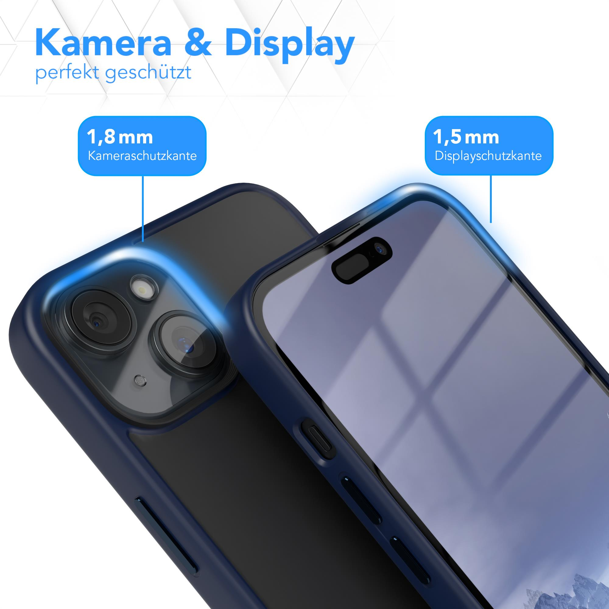 Nahaufnahme eines Telefons mit einer blauen Schutzhülle, die Bildschirm- und Gehäusedetails zeigt.