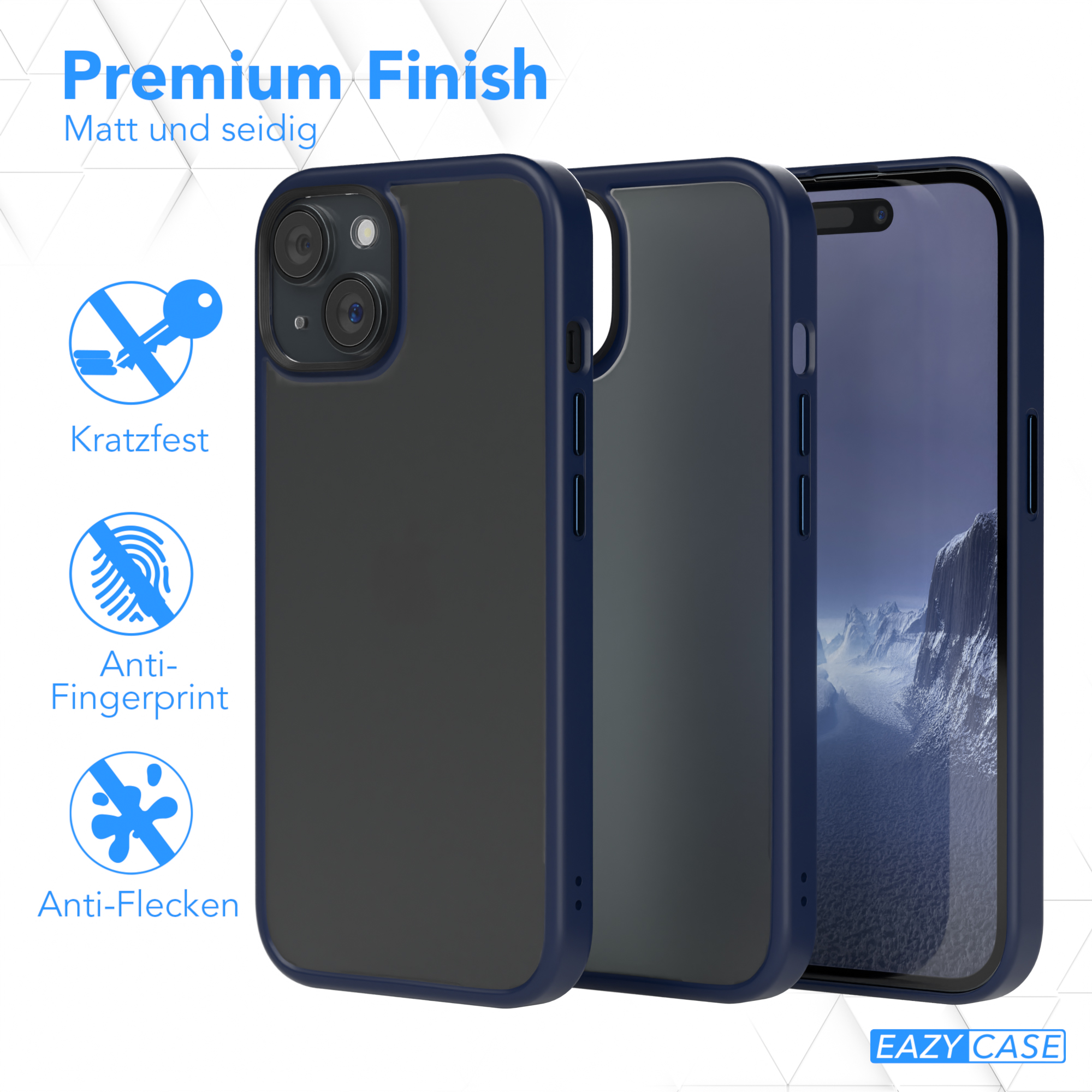 Drei Handyhüllen, schwarz und blau. Text: Premium Finish, kratzfest, Anti-Fingerprint und Anti-Flecken.