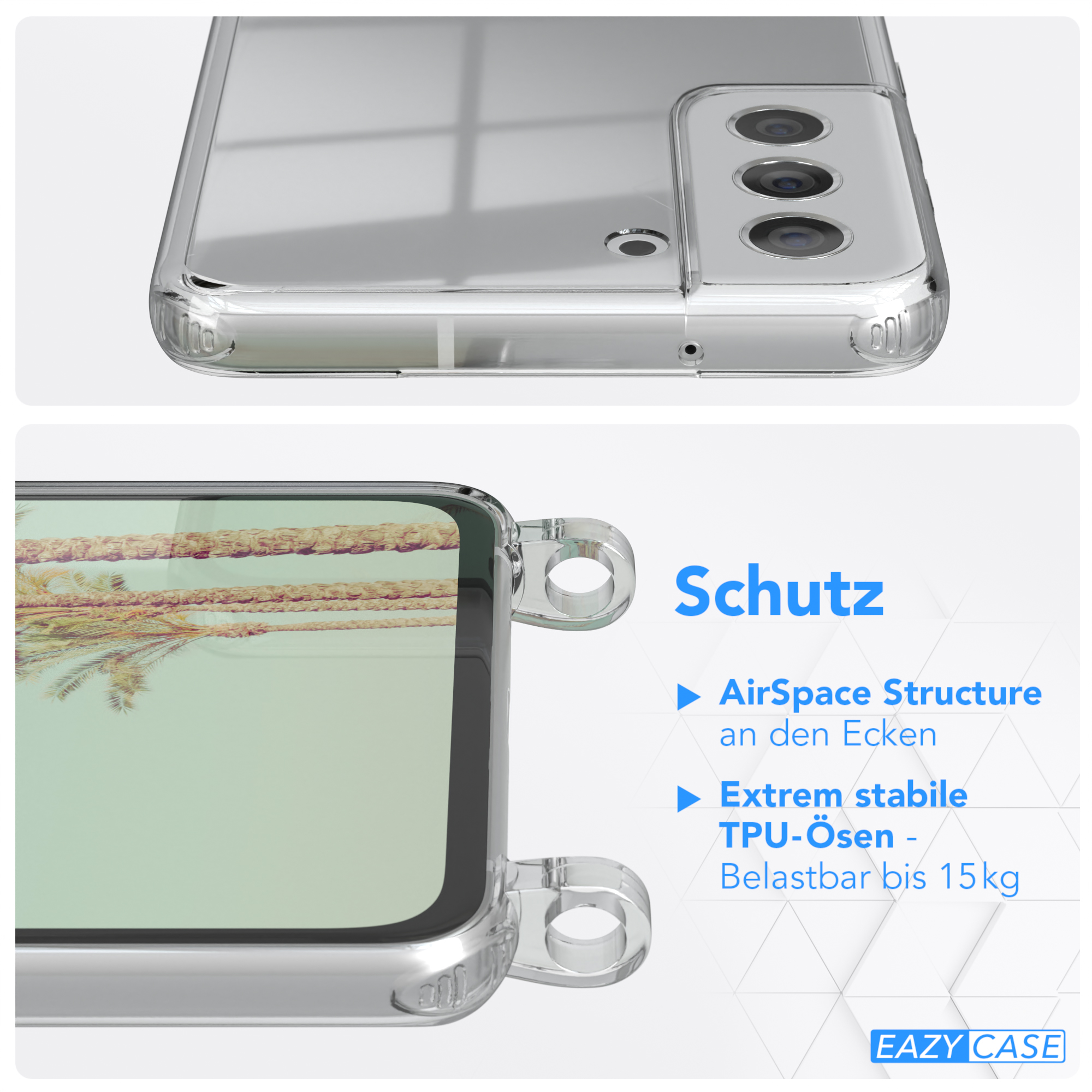 Transparente Handyhülle mit Telefon, zeigt Merkmale: AirSpace-Struktur, TPU-Ösen.