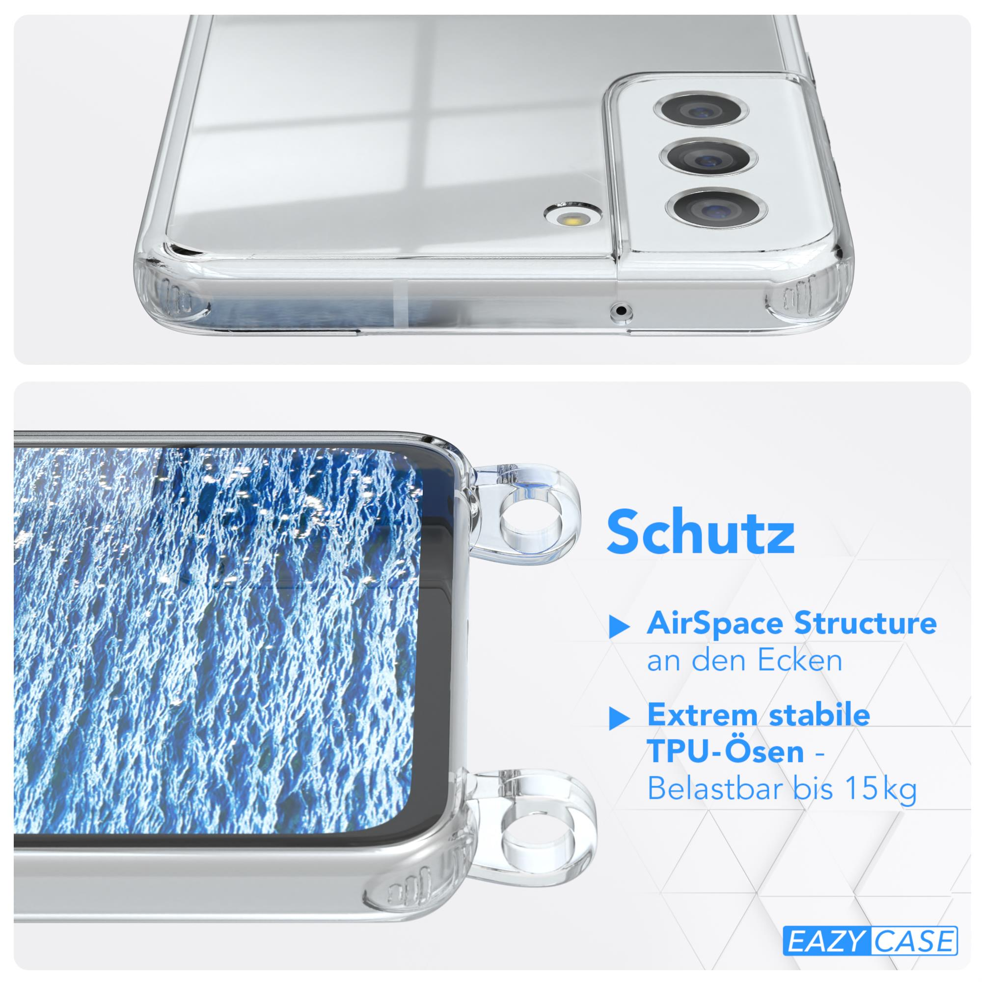 Eine transparente Handyhülle mit Text über ihre Struktur und ihren Schutz.