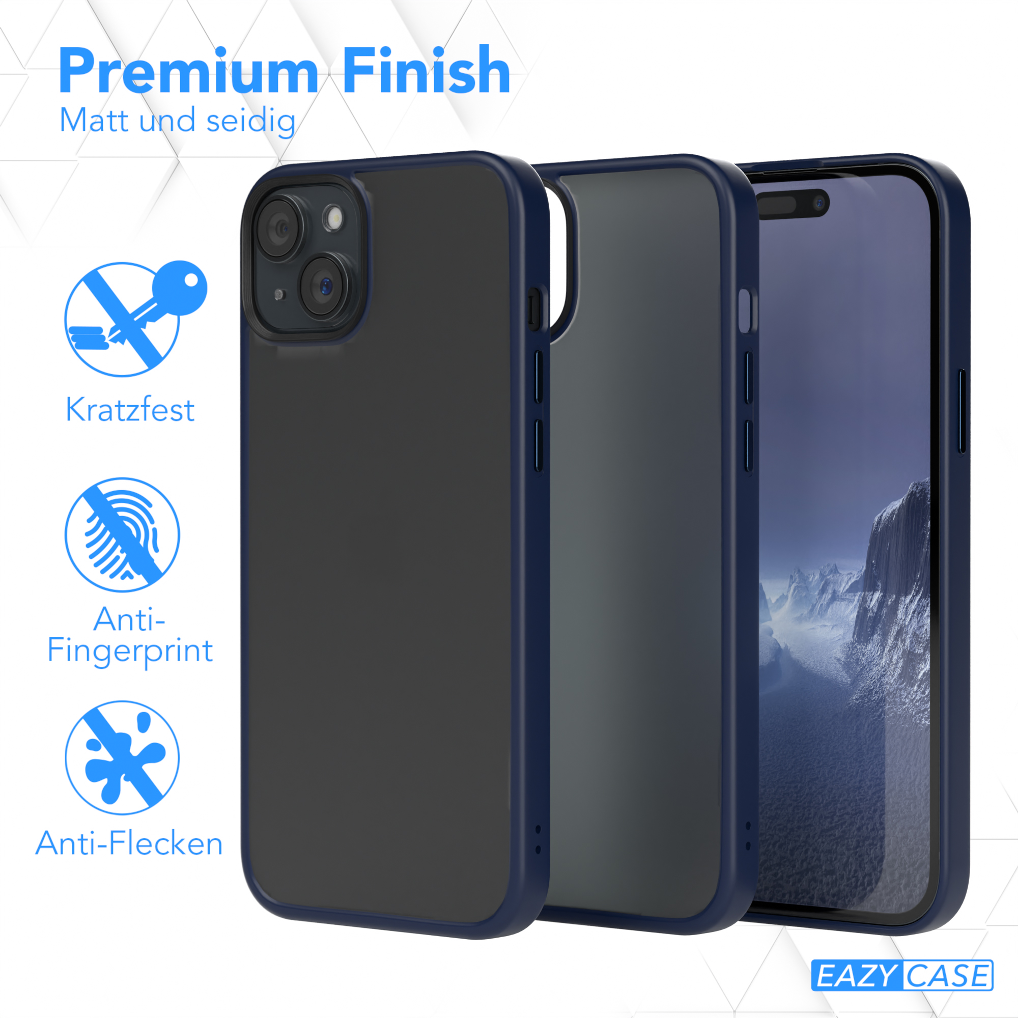 Handyhüllen in einer Reihe. Schwarz, grau und ein Telefon mit Hülle. Text sagt 'Premium Finish', 'Anti-Fingerprint'.