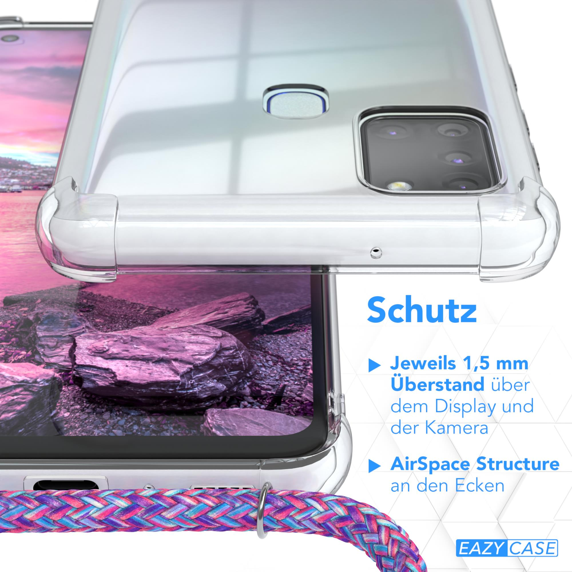 Ein Telefon in einer transparenten Hülle mit einem bunten Riemen, das die Rückseite und die Details zeigt.