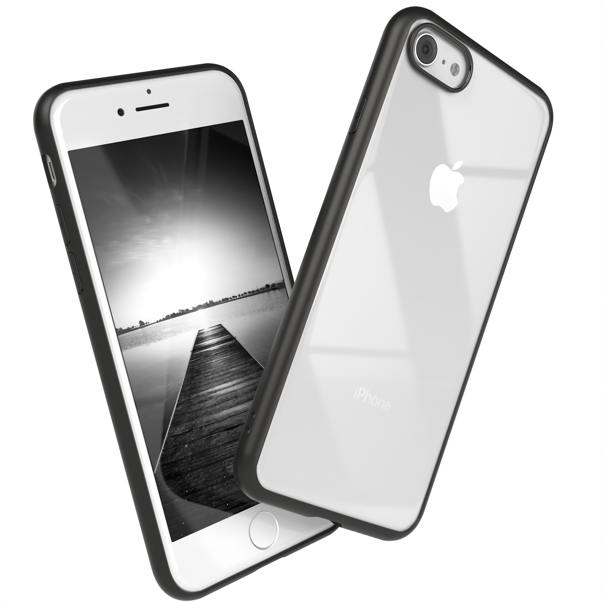 Zwei iPhones, eines mit Landschaft, das andere mit Rückseite.
