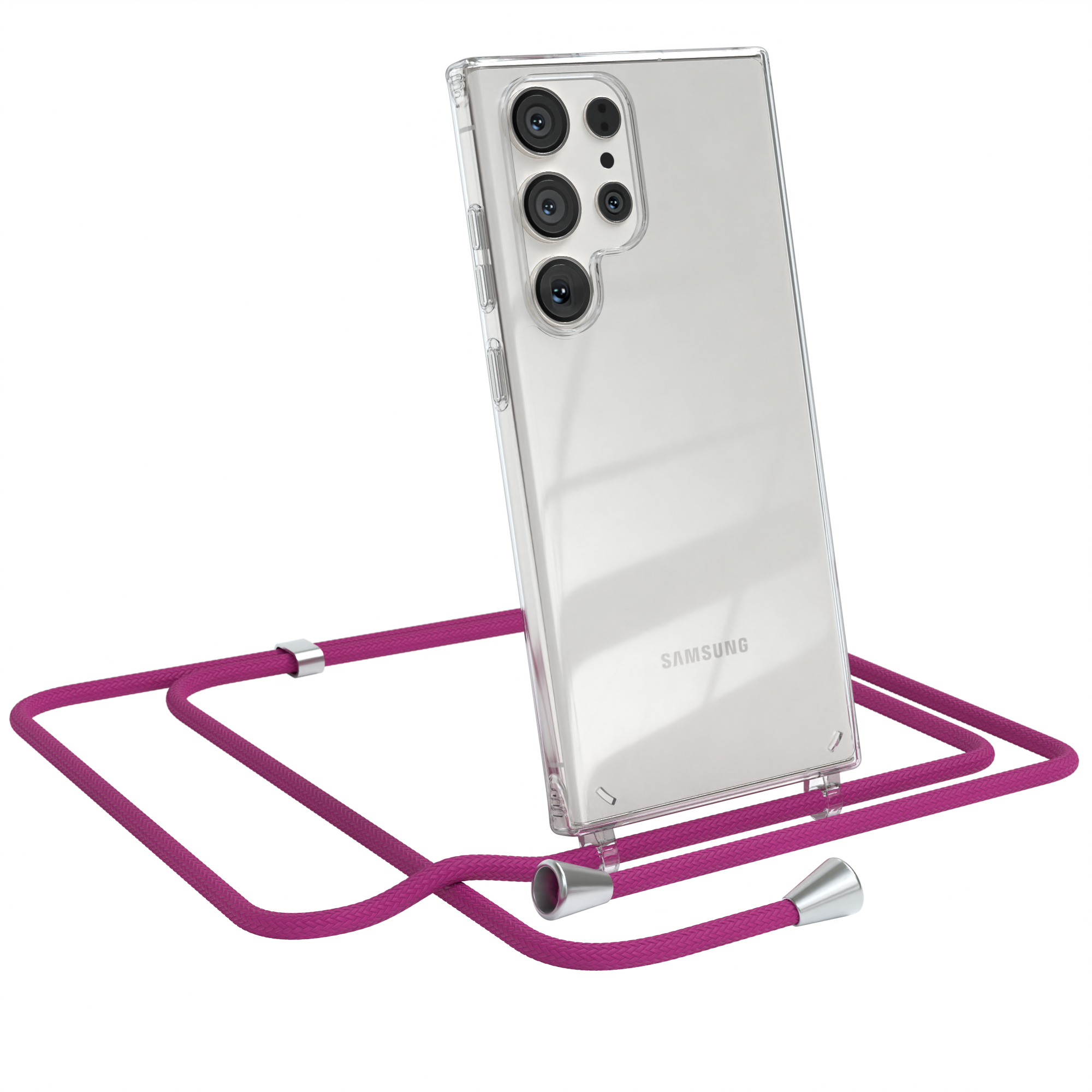 Transparente Handyhülle mit Samsung-Telefon und magentafarbenem Umhängeband. Das Telefon hat mehrere Kameras.