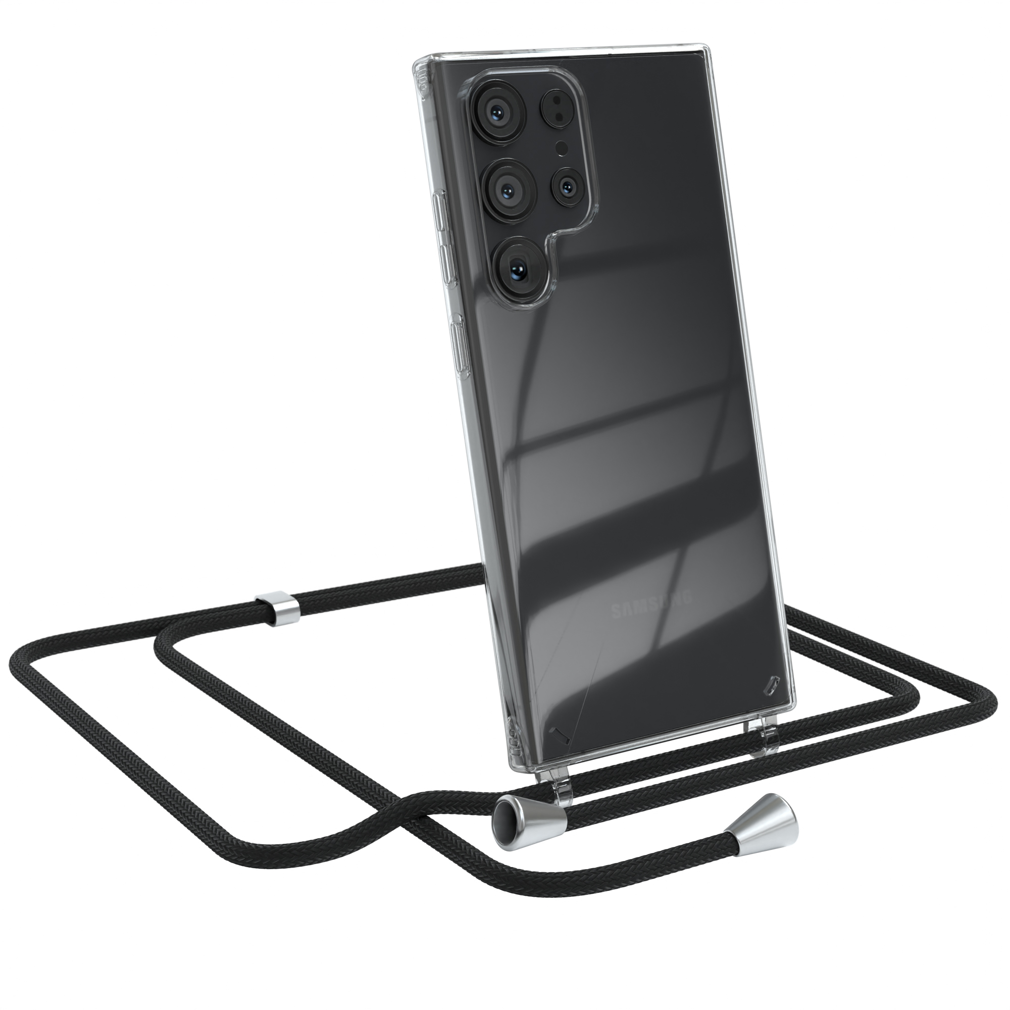 Ein Telefon mit einer durchsichtigen Hülle und einem schwarzen Umhängeband. Die Handyhülle hat eine Kameraerhebung.