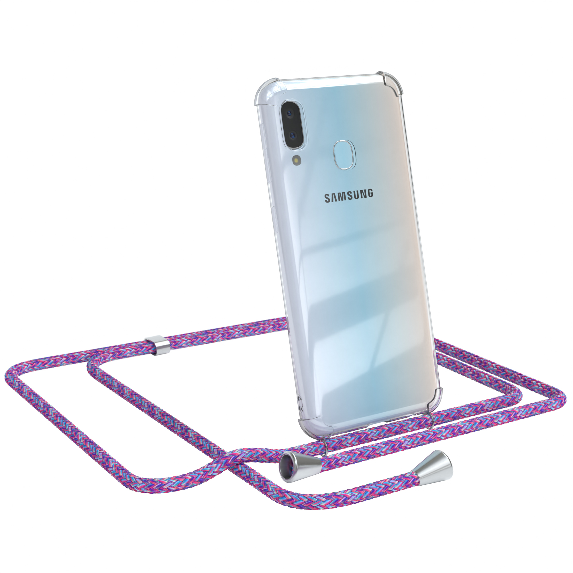 Telefon mit klarer Hülle und Lanyard. Das Telefon ist angewinkelt, und das Lanyard ist rosa und blau.