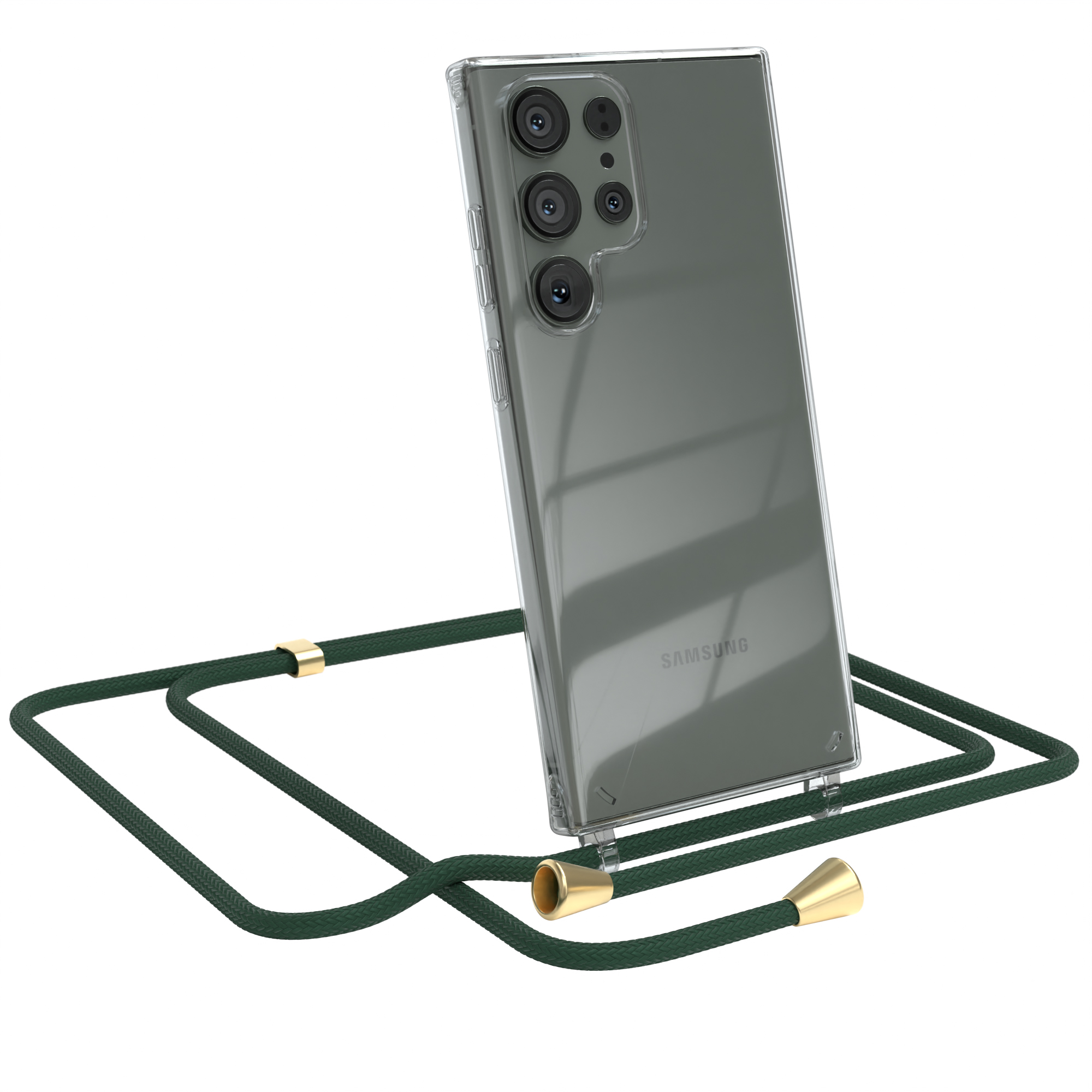 Transparente Handyhülle mit grünem Band und goldenen Akzenten. Samsung-Telefon.