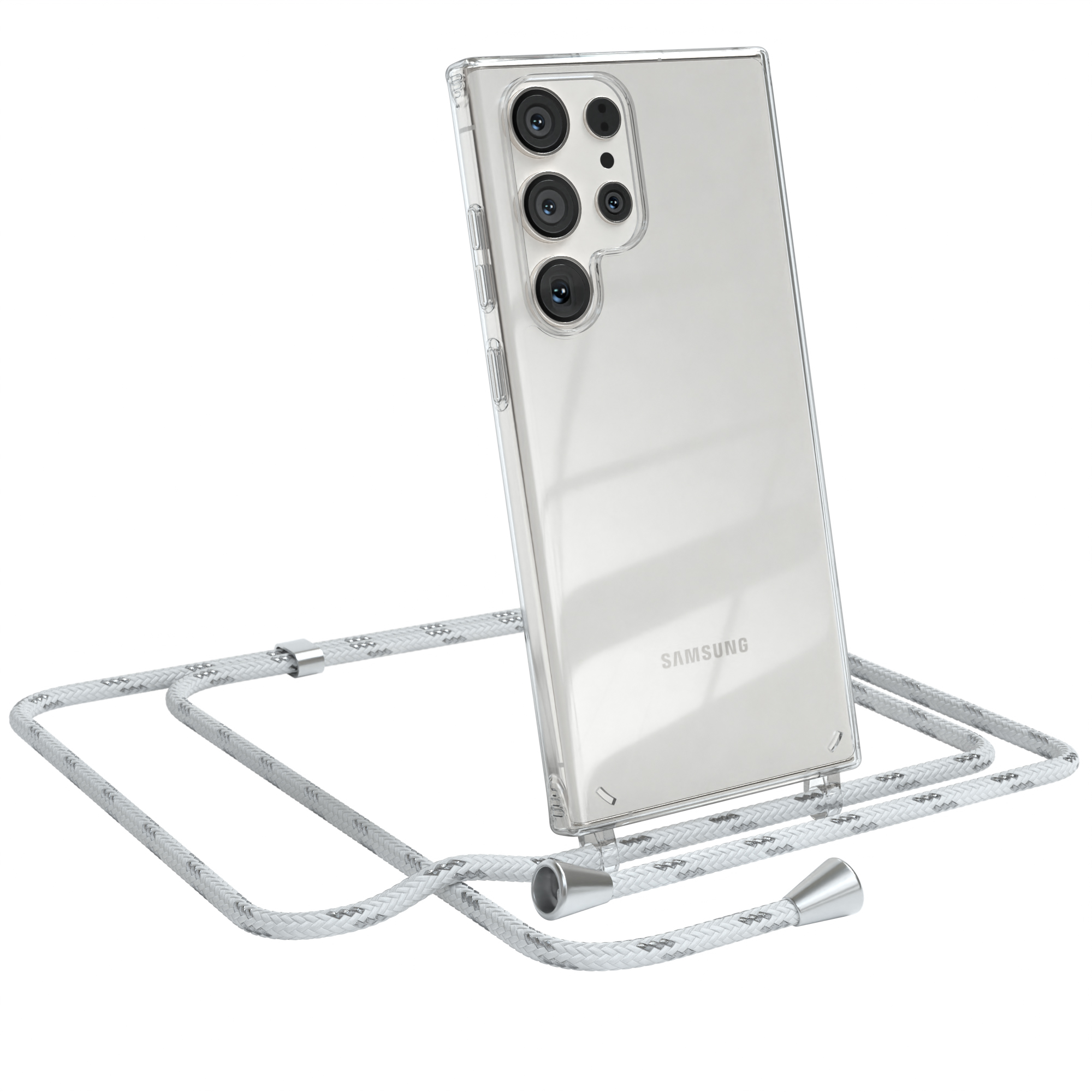 Transparente Handyhülle mit weißem geflochtenem Lanyard. Samsung-Handy in der Hülle. Weißer Hintergrund.