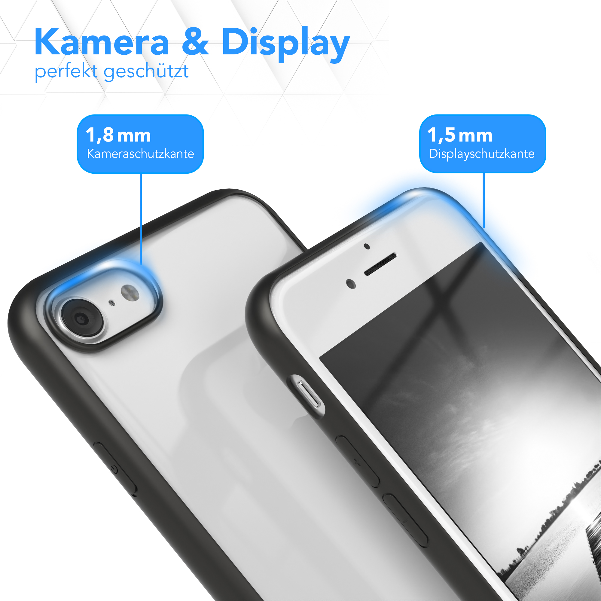 Zwei Telefone, eines in einer Hülle, zeigen Kamera- und Displayschutz.
