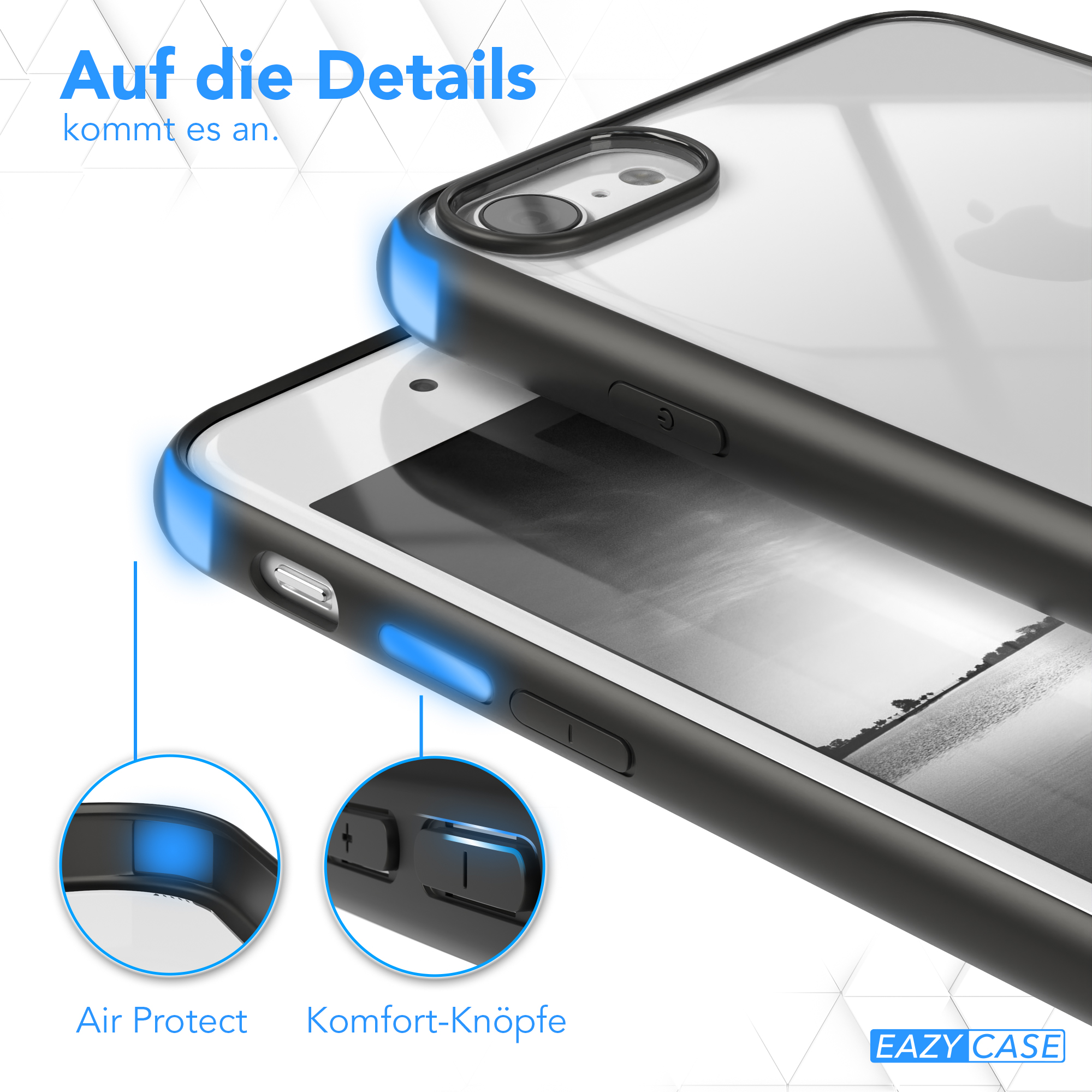 Transparente Handyhülle mit blauen Akzenten und Knöpfen. Schwarzer Rand, weißer Hintergrund.