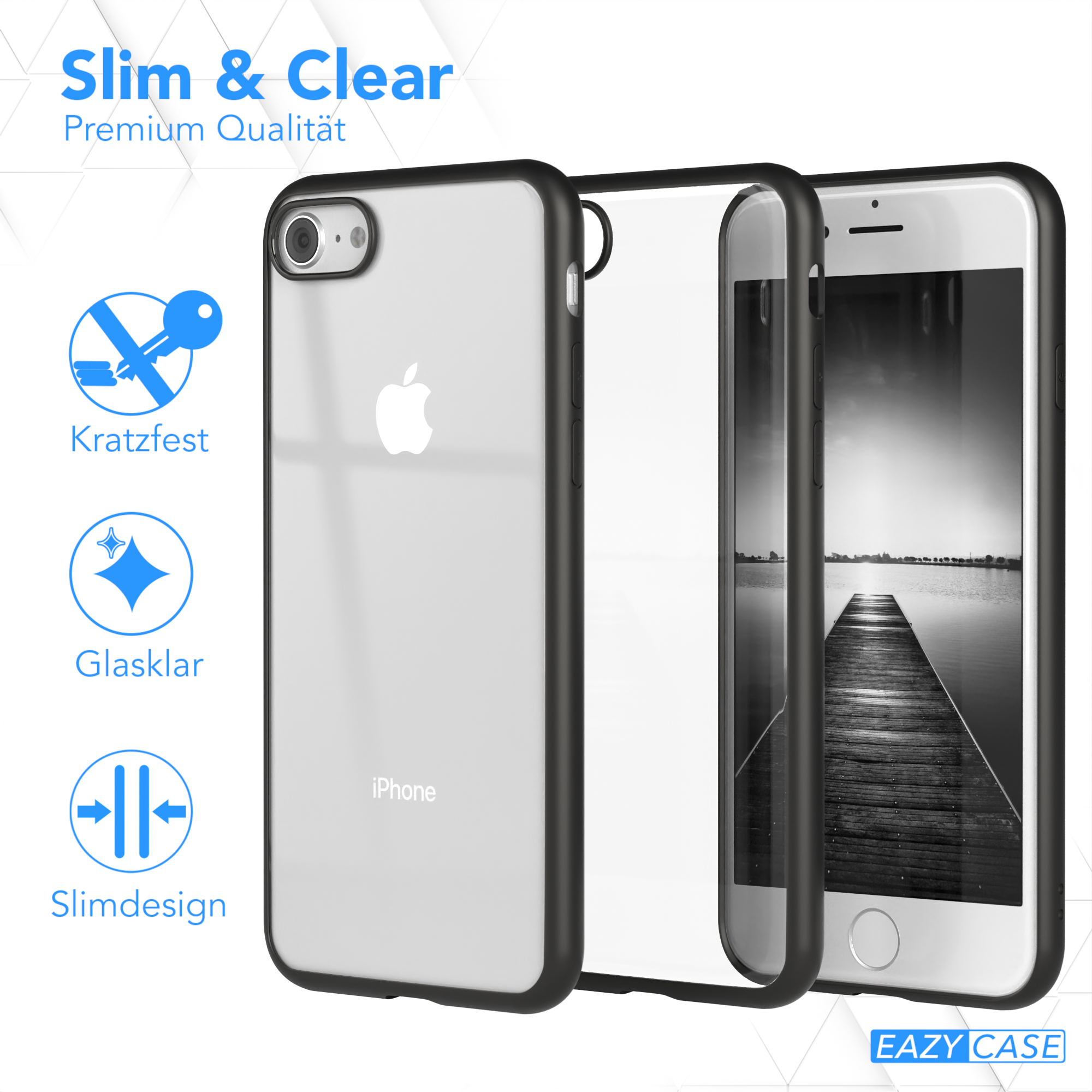 Drei transparente Handyhüllen. Eine auf einem Telefon. Die Hüllen sind schlank, klar und kratzfest.
