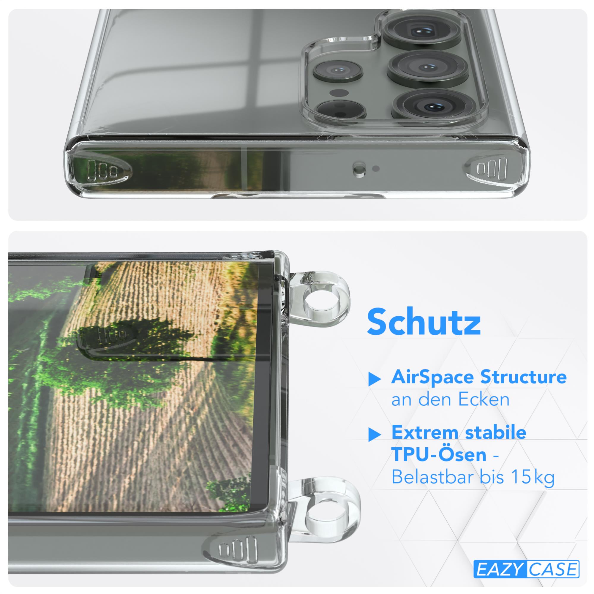 Nahaufnahme einer Handyhülle. Schwarzes Telefon ist darin, mit Schutzmerkmalen beschriftet.
