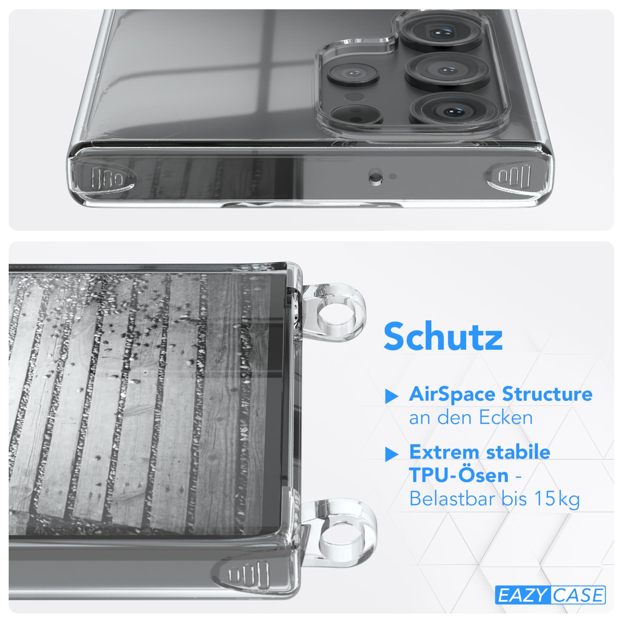 Handyhülle mit Text, der Schutzfunktionen zeigt. AirSpace Structure und TPU-Ösen.