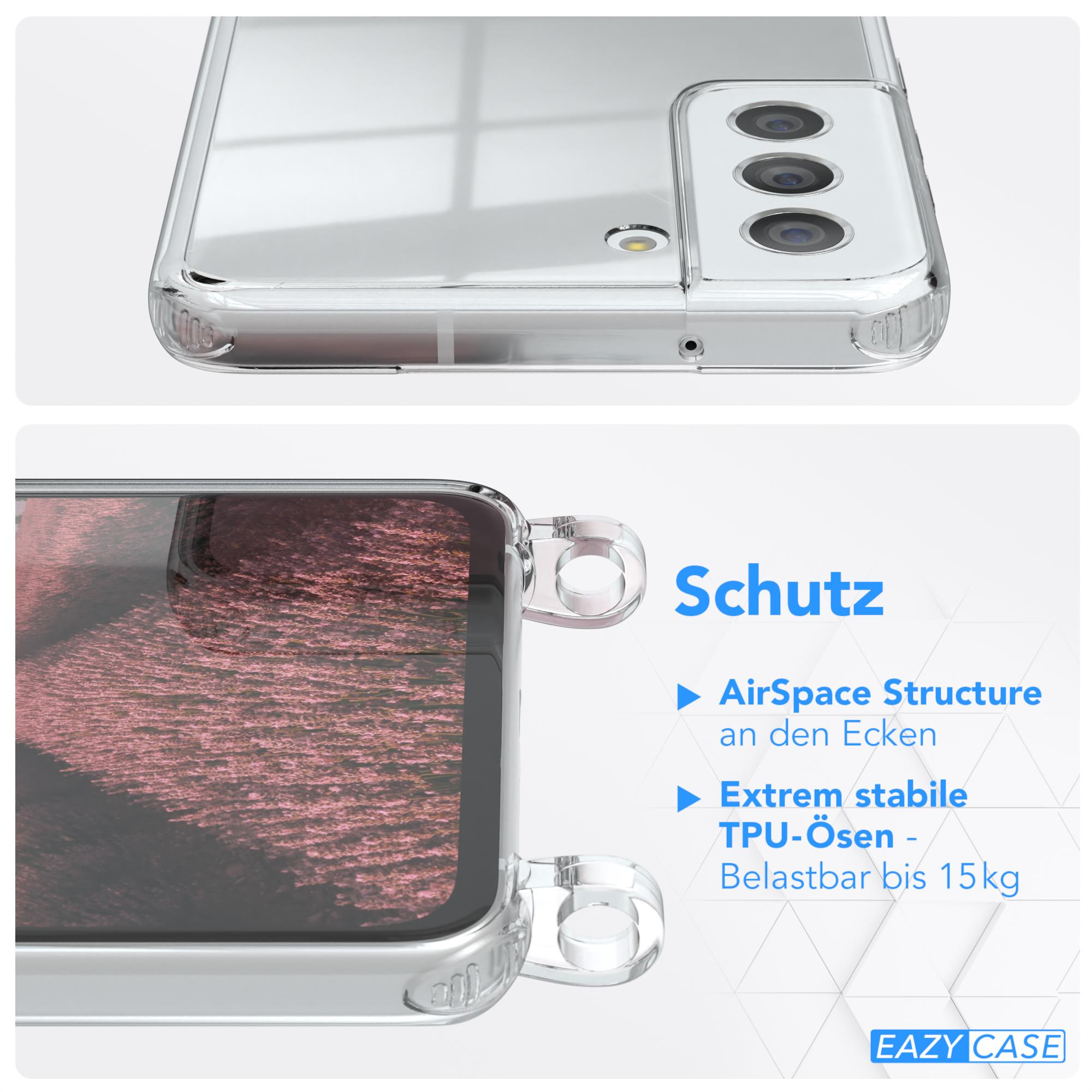 Eine transparente Handyhülle mit Text über den Schutz. Die Hülle befindet sich auf einem Telefon mit rosa strukturiertem Hintergrund.