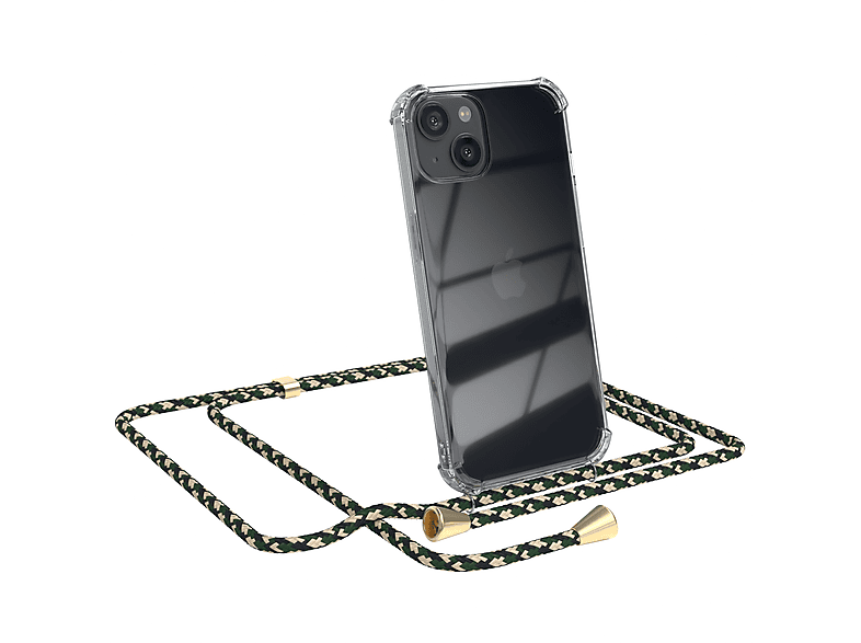 EAZY CASE Clear Cover mit Umhängeband, Umhängetasche, Apple, iPhone 13, Grün Camouflage / Clips Gold