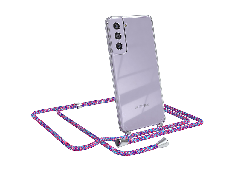 EAZY CASE Clear Cover mit Umhängeband, Umhängetasche, Samsung, Galaxy S21 FE 5G, Lila / Clips Silber