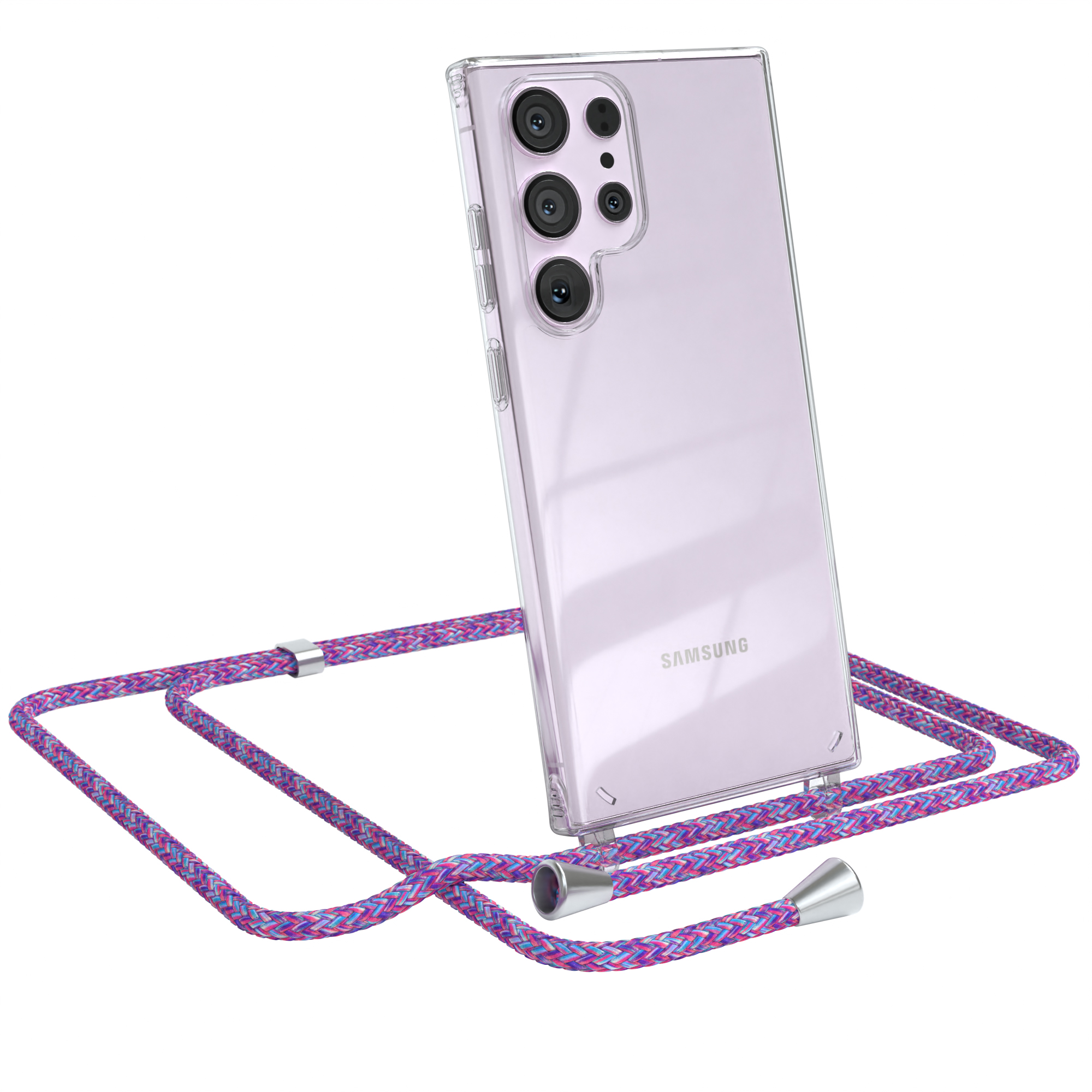 Eine transparente Handyhülle hält ein Telefon mit einem lila Schlüsselband.  Weißer Hintergrund.