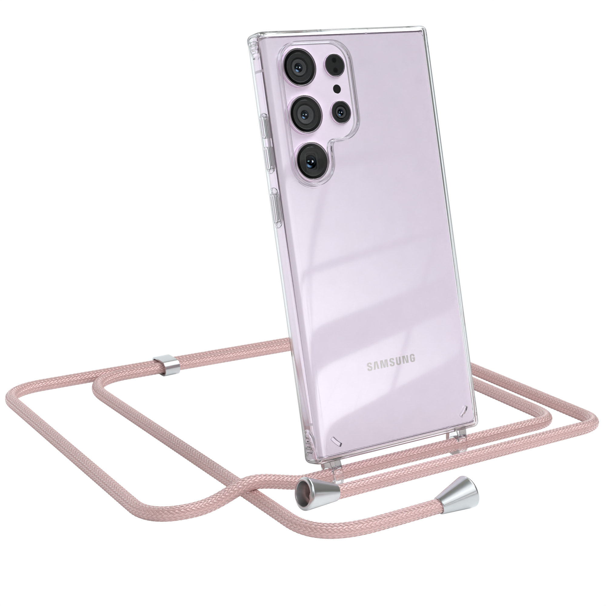 Eine pinke Handyhülle mit einem Handy darin, befestigt an einem pinken Schlüsselband mit silbernen Akzenten.