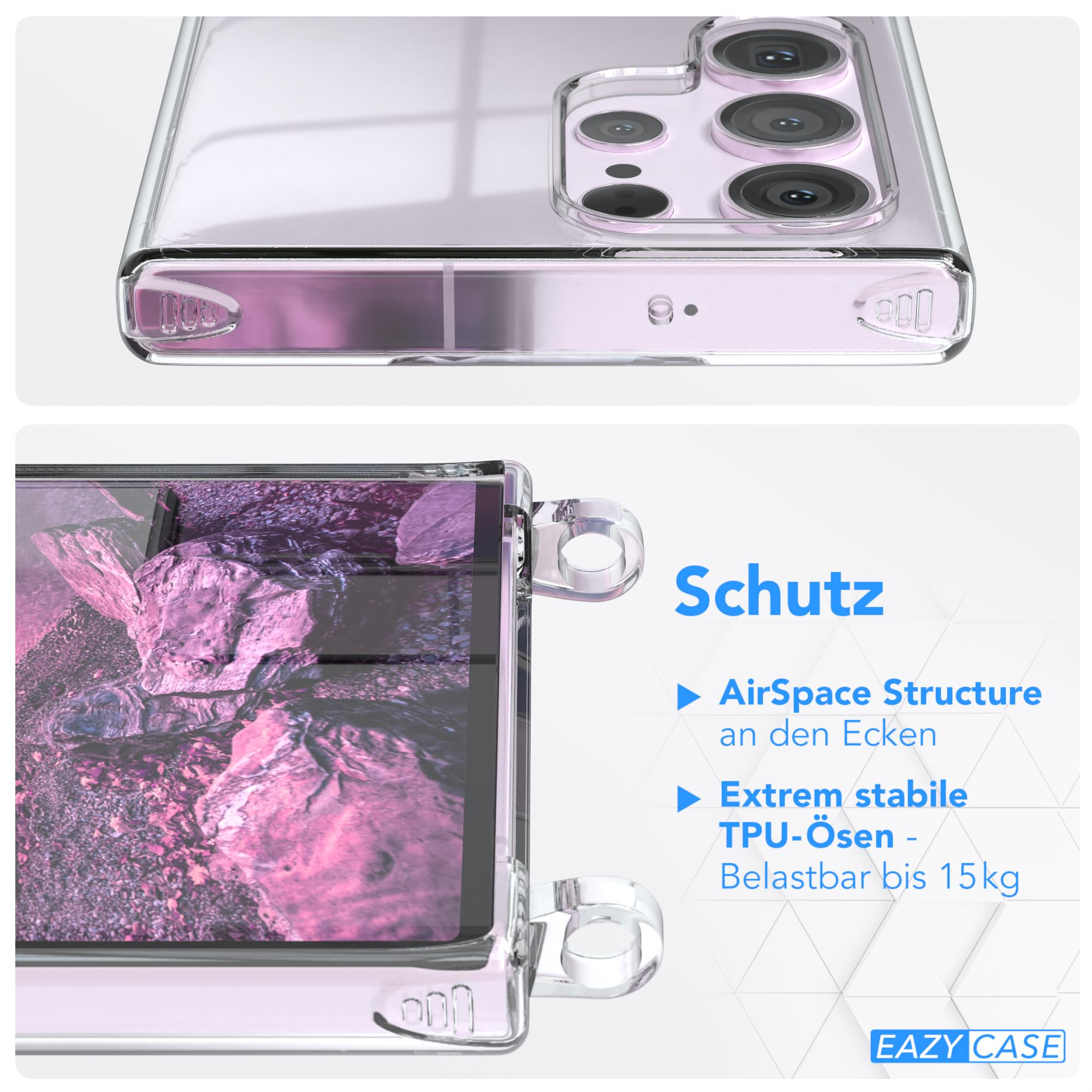 Nahaufnahme einer Handyhülle auf einem Telefon, Text Schutz und EAZY CASE Logo.