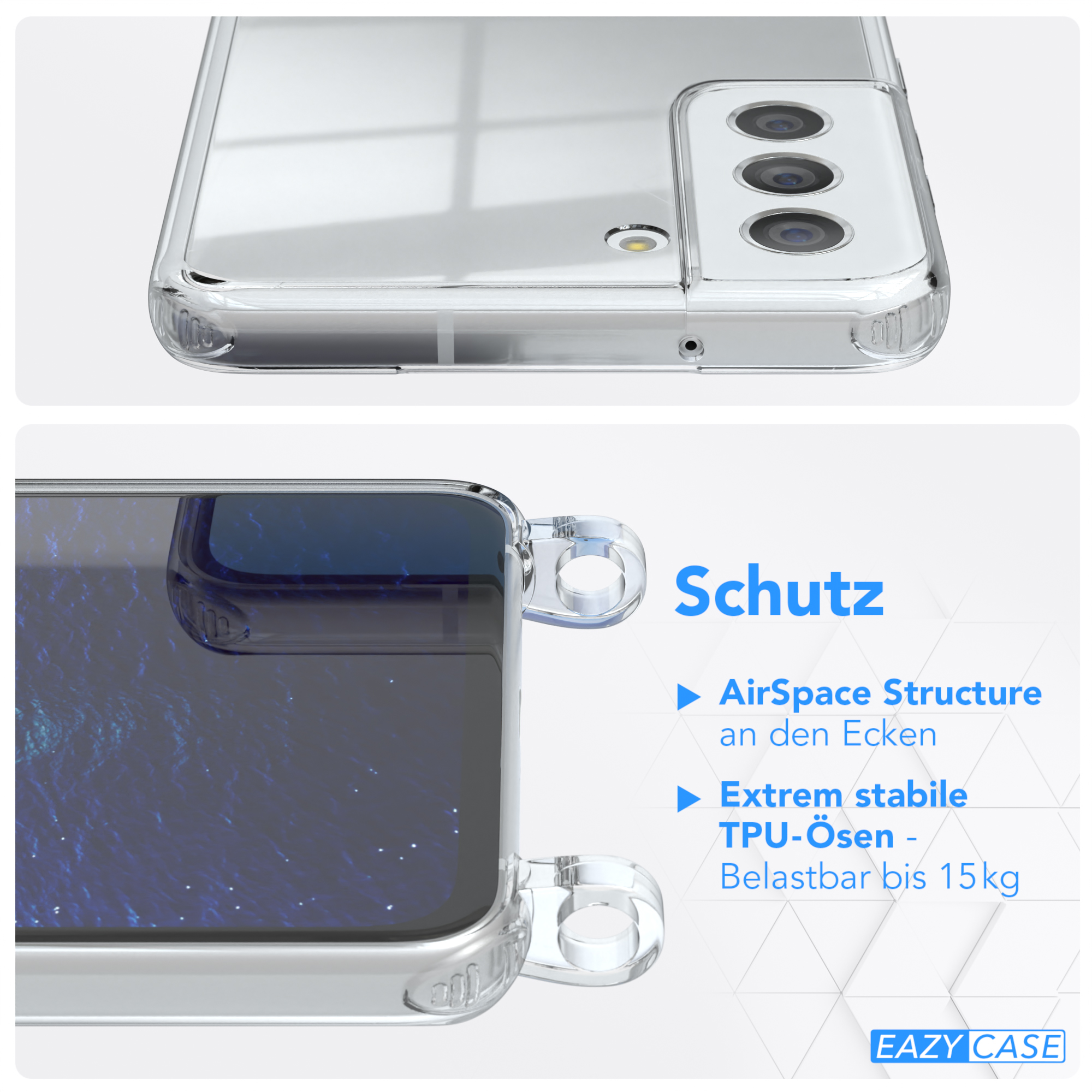 Eine transparente Handyhülle mit einem Handy darin, die die Funktionen des Telefons zeigt.