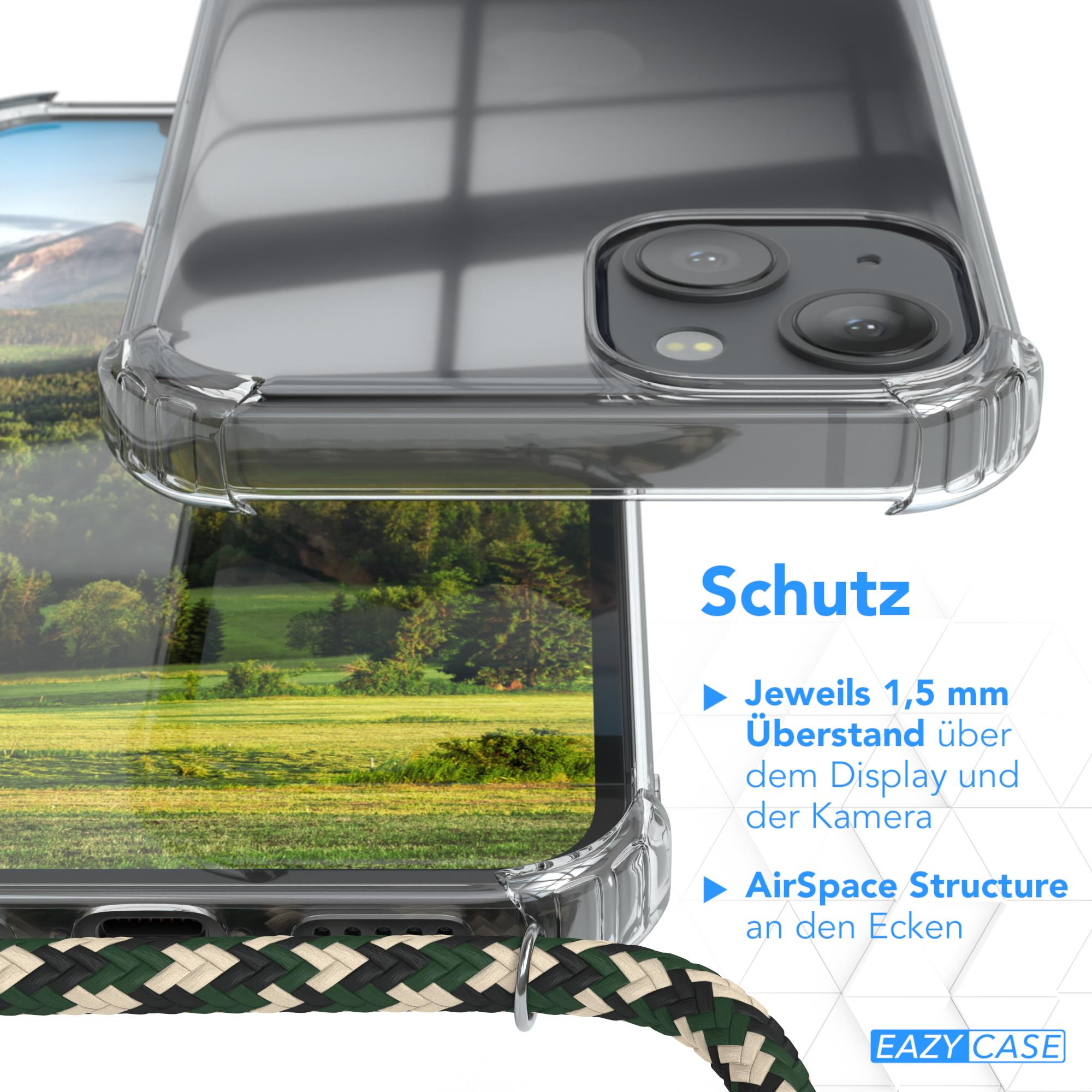 Eine transparente Handyhülle mit grün-schwarzem Riemen liegt neben einem Telefon.