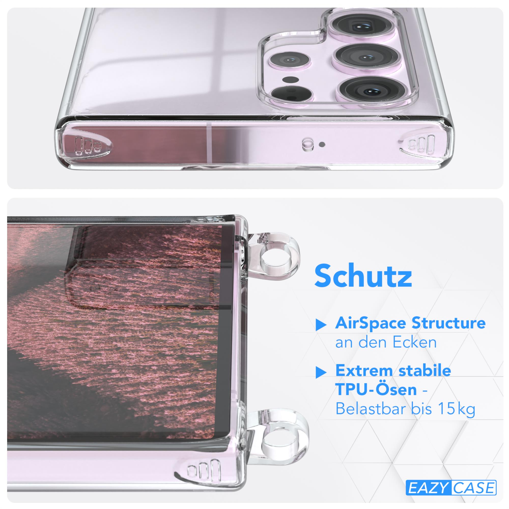 Transparente Handyhülle auf rosa Hintergrund. Die Hülle hat ein klares Design und schützt ein Telefon.