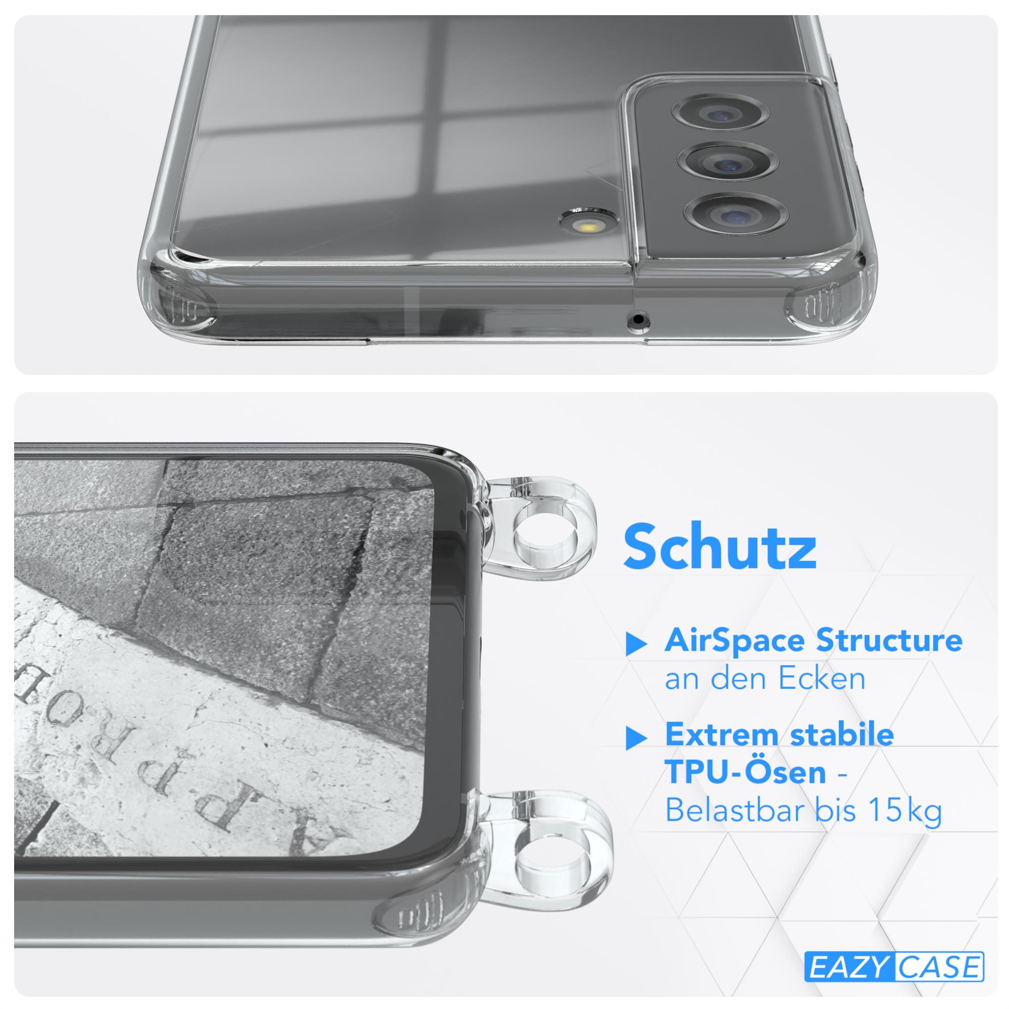 Transparente Handyhülle auf einem Telefon. Zeigt die Seiten des Telefons. Weißer Hintergrund.