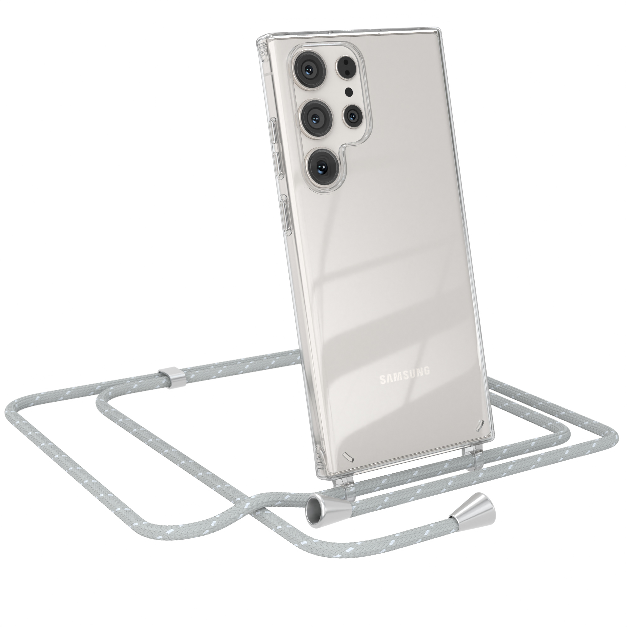Transparente Handyhülle mit grauem Schlüsselband. Das Telefon lehnt sich nach rechts.
