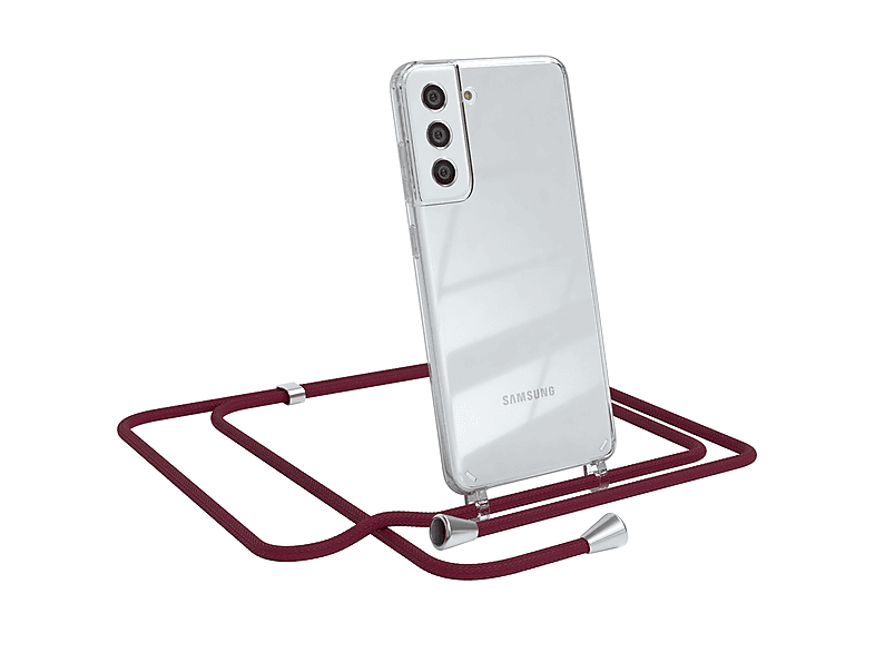 EAZY CASE Clear Cover mit Umhängeband, Umhängetasche, Samsung, Galaxy S21 FE 5G, Bordeaux Rot / Clips Silber