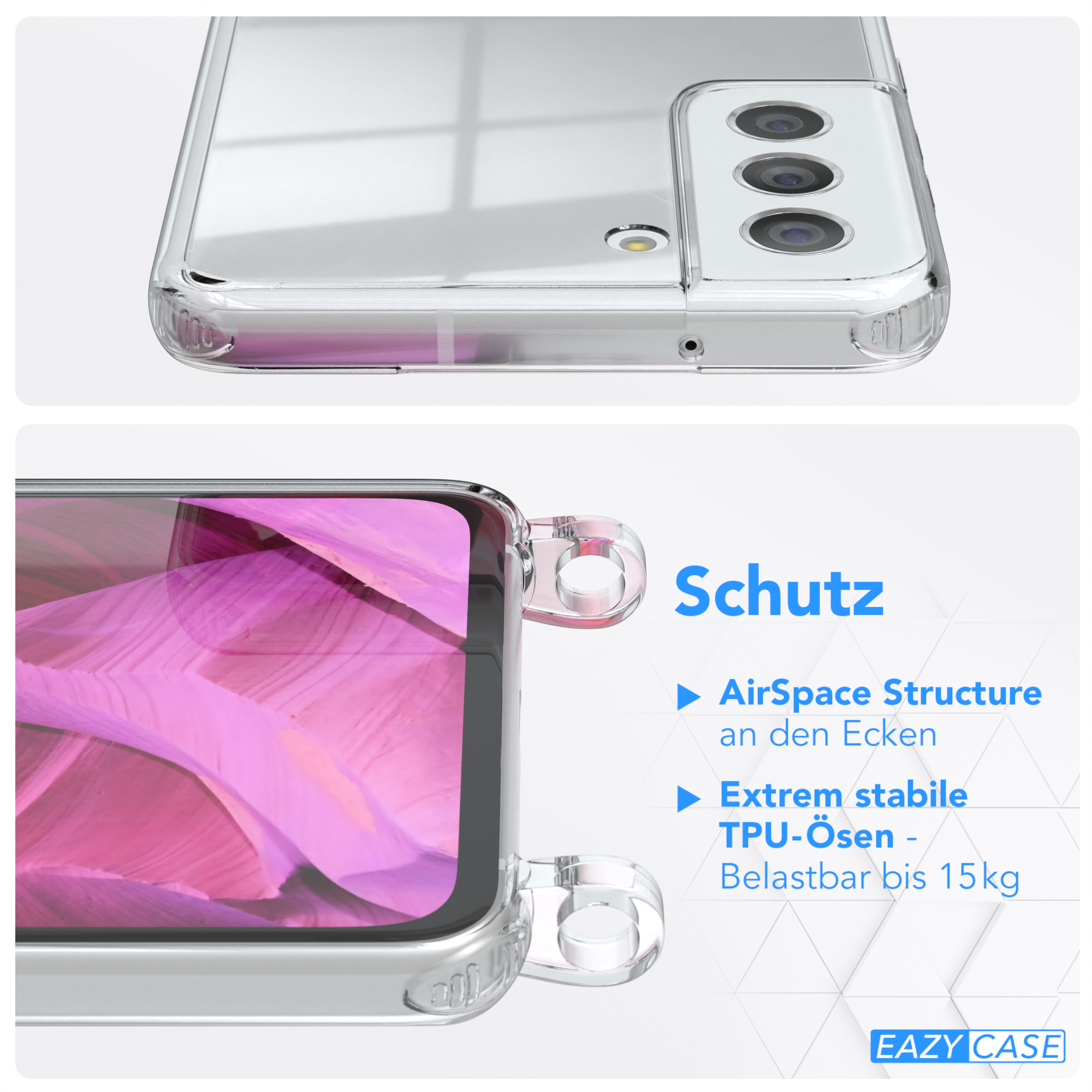 Clips mit CASE Cover EAZY Samsung, Umhängeband, / Galaxy 5G, Clear Umhängetasche, S21 FE Pink Silber