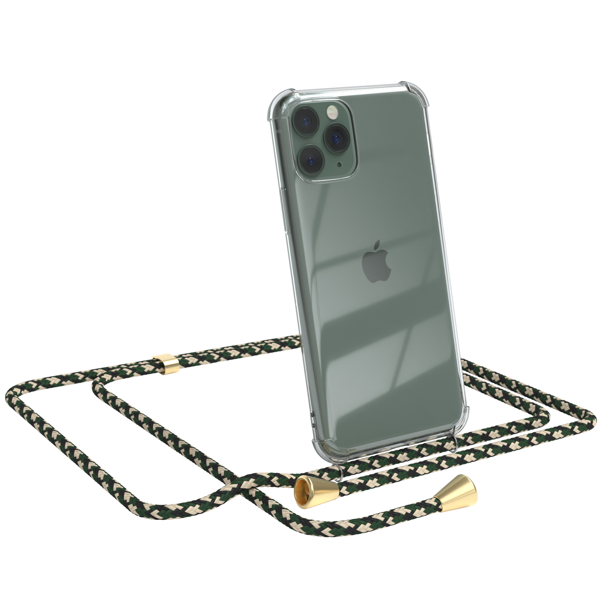 Ein iPhone mit einer durchsichtigen Hülle und einem Schlüsselband. Das Schlüsselband ist grün, weiß und schwarz.