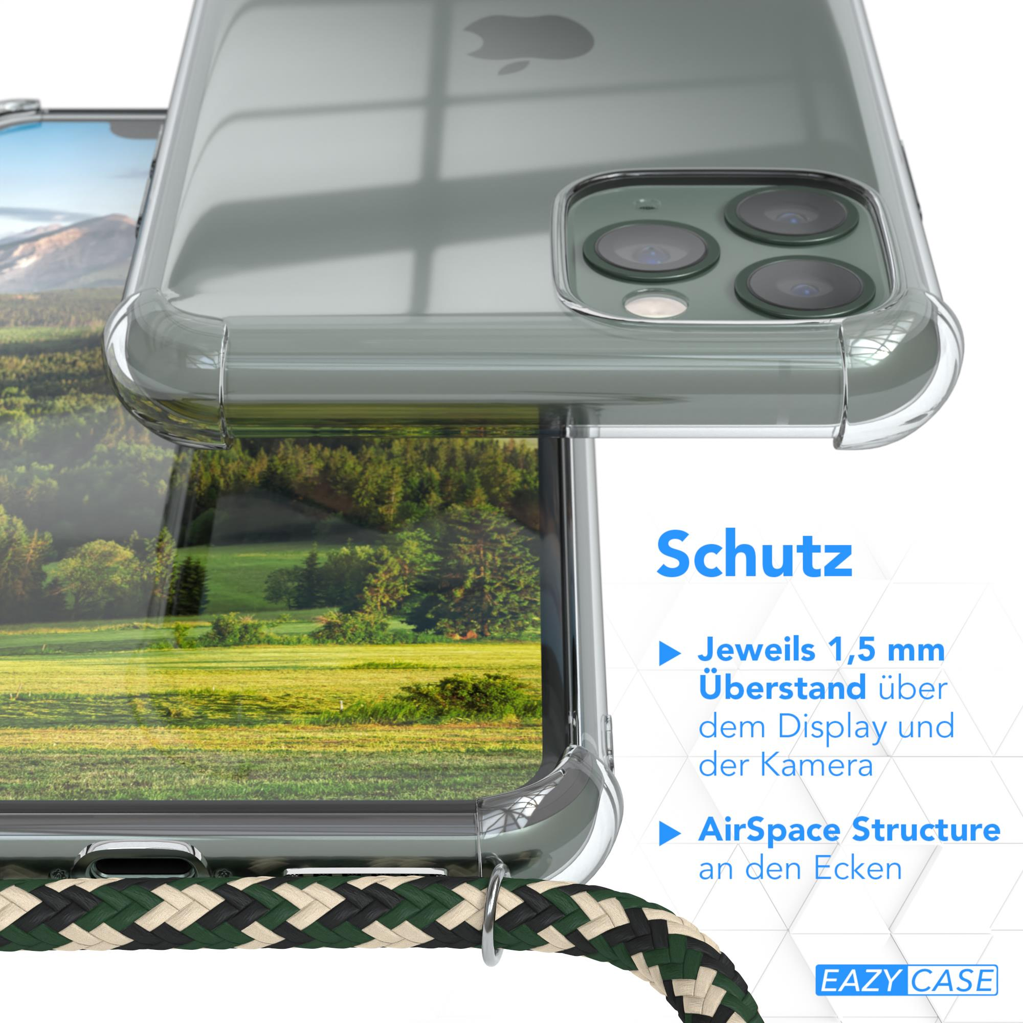 Handyhülle mit Schutzfunktionen. Sie ist grün und weiß. Das Telefon befindet sich in der Hülle.