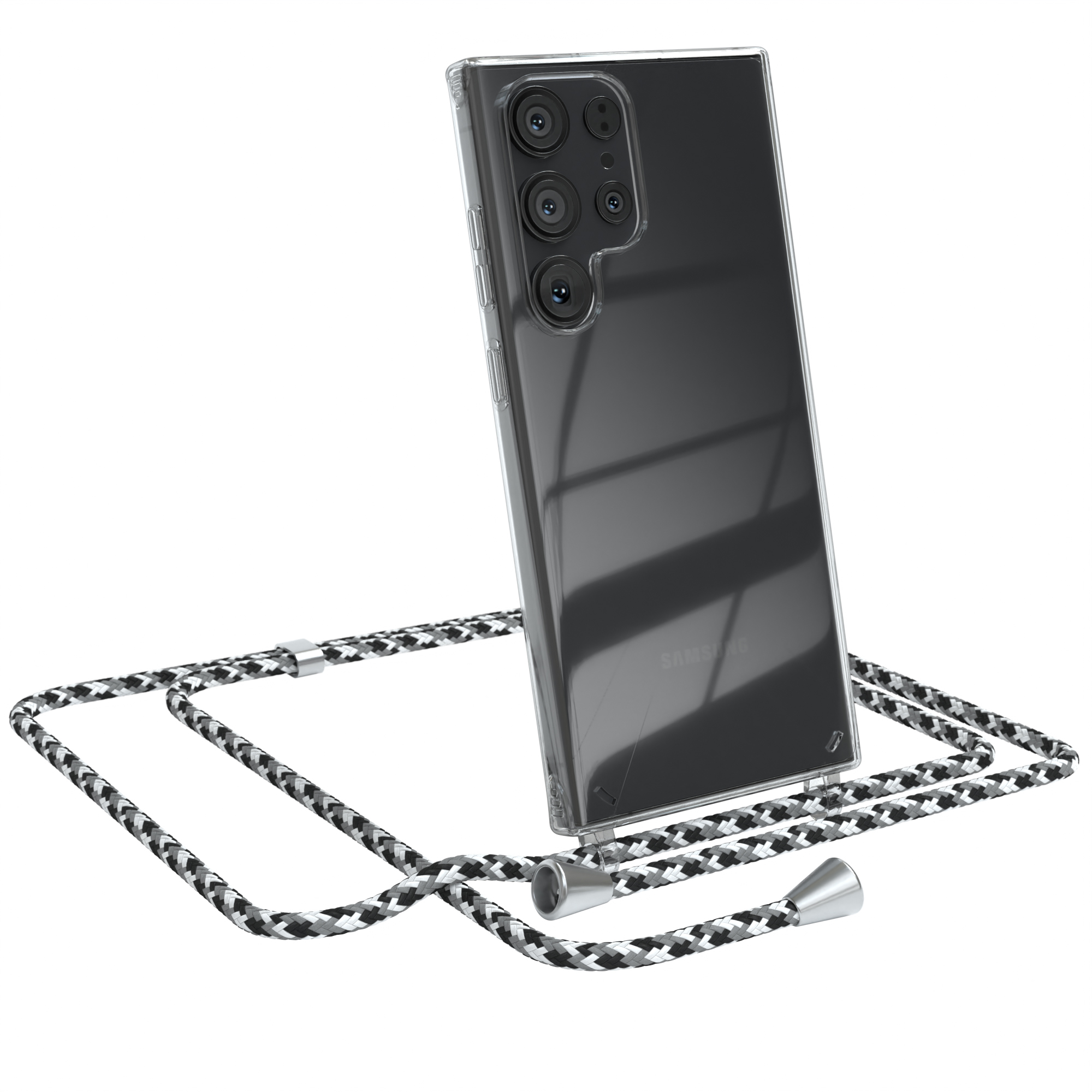Ein Telefon mit einer transparenten Hülle und einem schwarz-weißen Schlüsselband.
