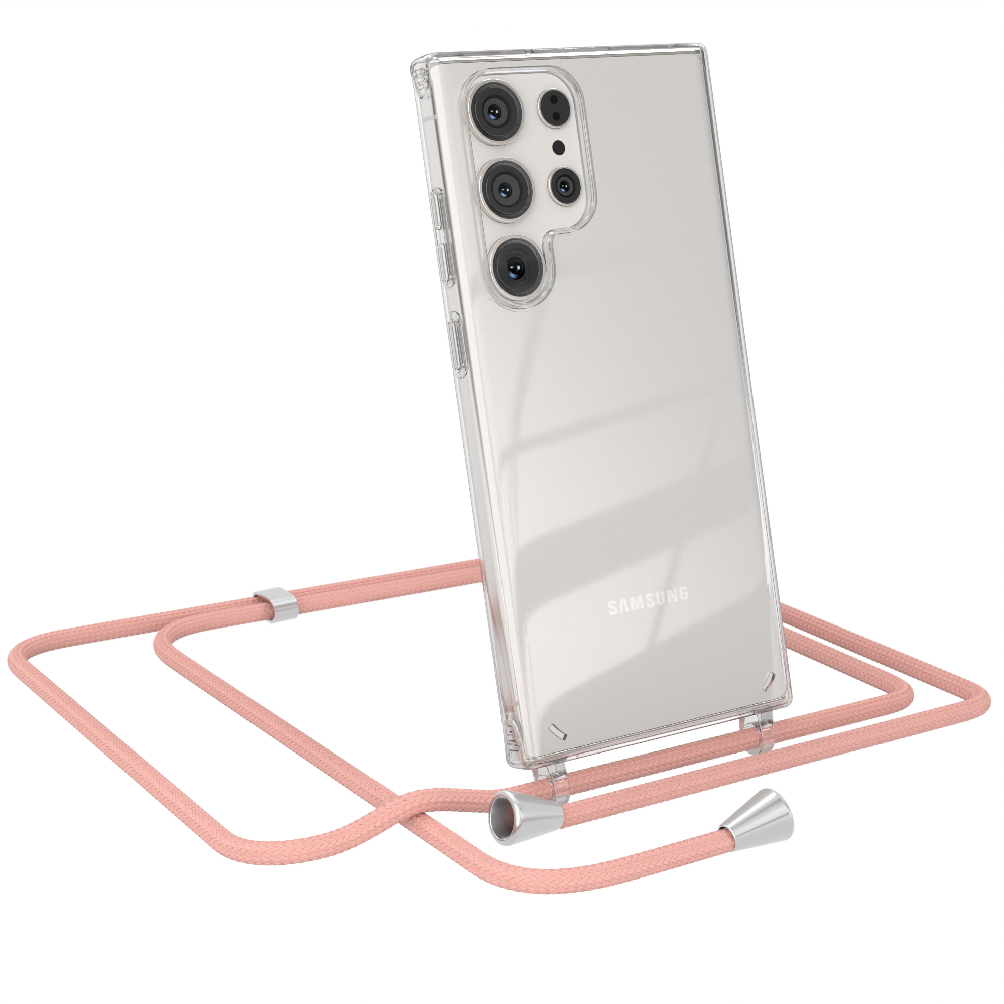 Transparente Handyhülle mit pinkfarbenem Gurt. Das Telefon hat mehrere Kameras. Die Hülle ist transparent.