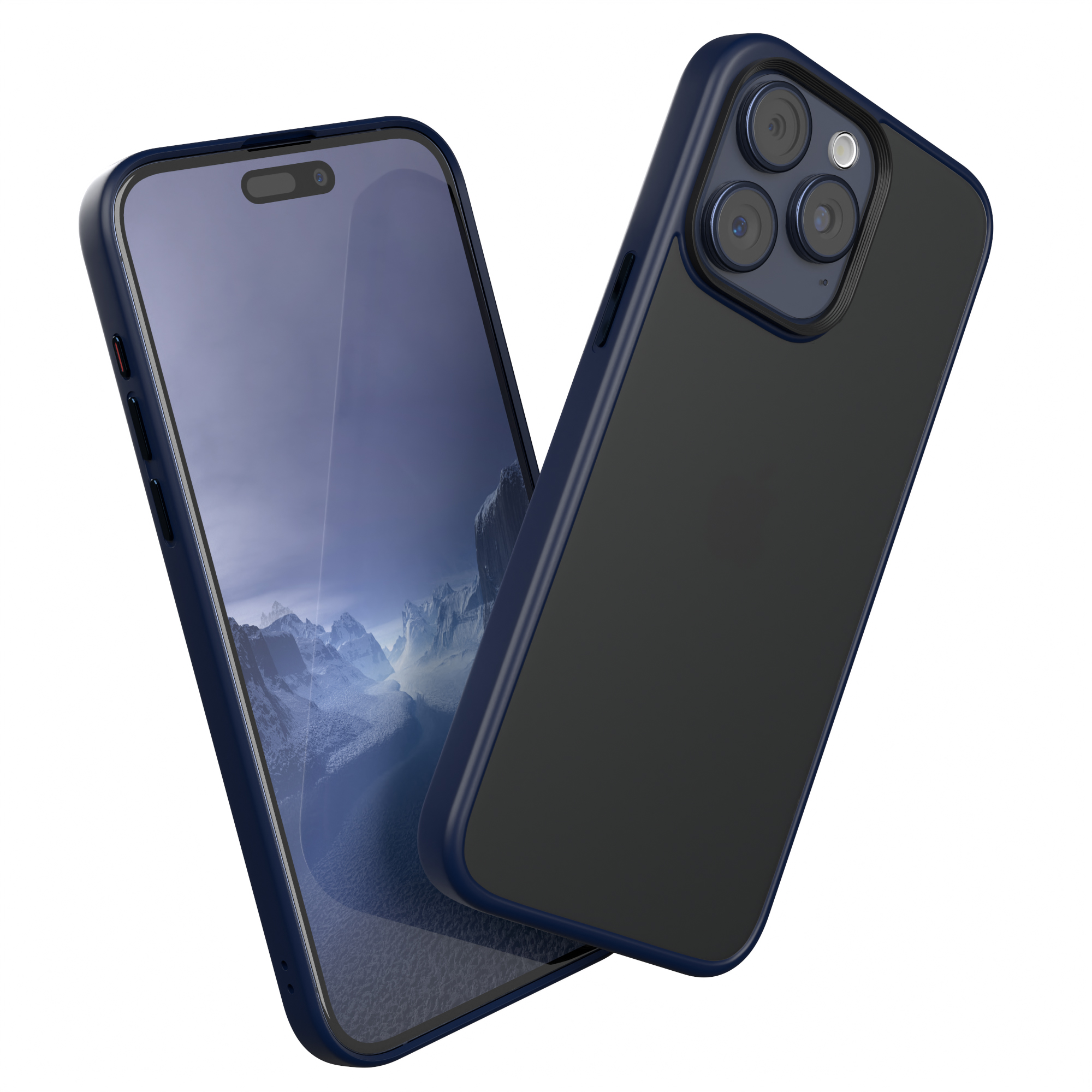 Zwei Telefone mit Hüllen. Eines hat eine Berglandschaft, das andere eine matte schwarze Rückseite.