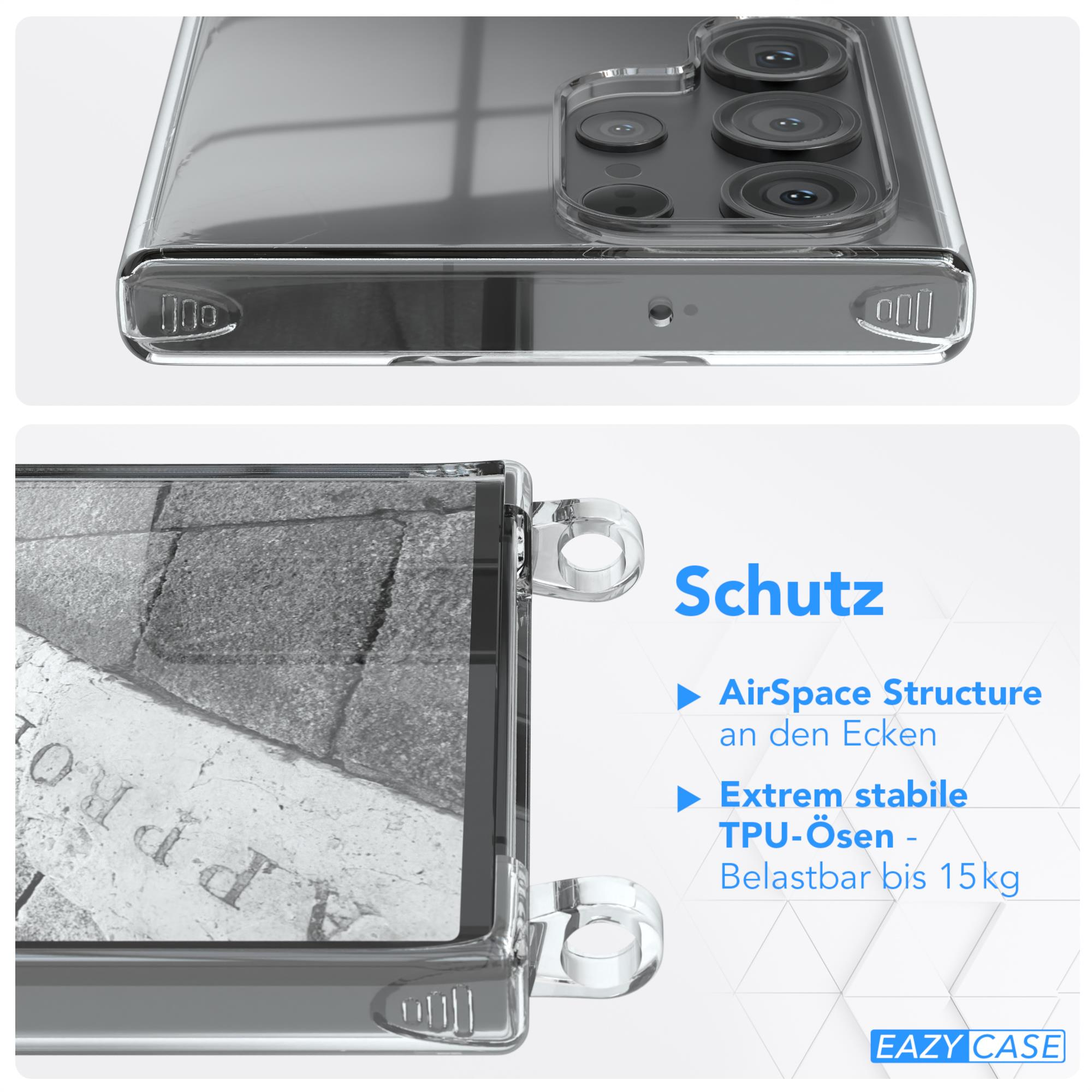 Transparente Handyhülle mit Telefon, zeigt Merkmale: AirSpace-Struktur, TPU-Ösen.