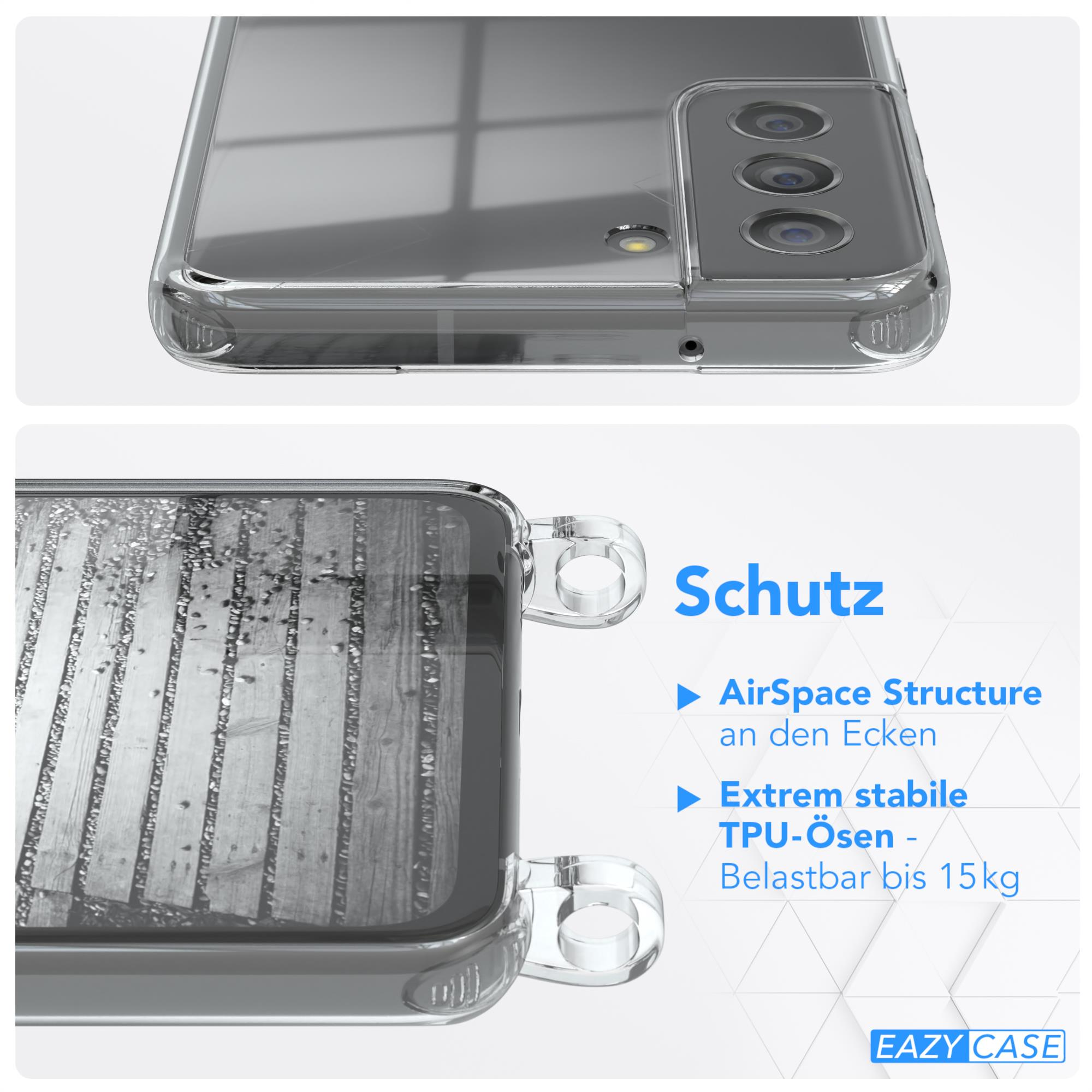 Eine transparente Handyhülle mit Telefon, zeigt die Schutzfunktionen der Hülle.