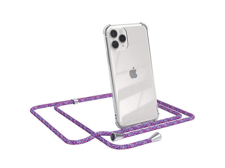 EAZY CASE Clear Cover mit Umhängeband, Umhängetasche, Apple, iPhone 11 Pro, Lila / Clips Silber | Handyketten