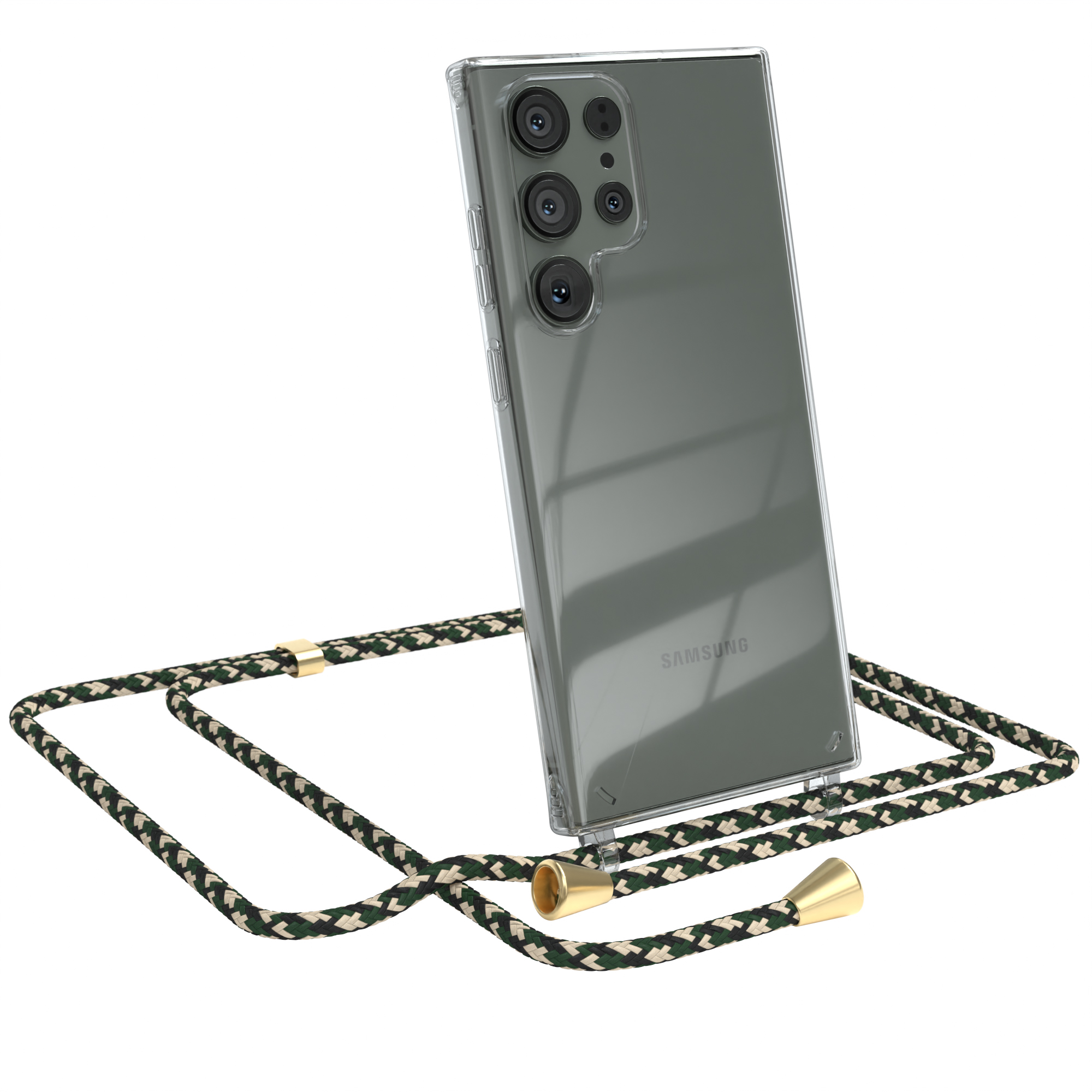 Transparente Handyhülle mit Band, grün-schwarzes Seil. Telefon mit mehreren Kameras.