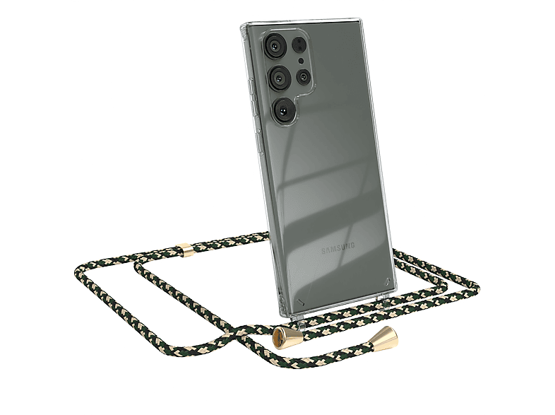 EAZY CASE Clear Cover mit Umhängeband, Umhängetasche, Samsung, Galaxy S23 Ultra, Grün Camouflage / Clips Gold
