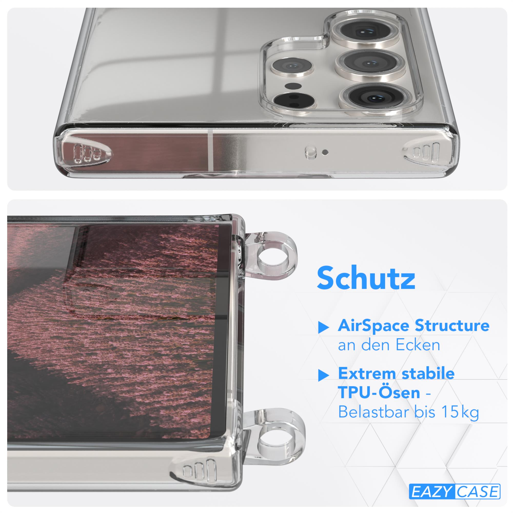 Transparente Handyhülle auf einem Telefon. Zeigt die Seiten des Telefons. Weißer Hintergrund.