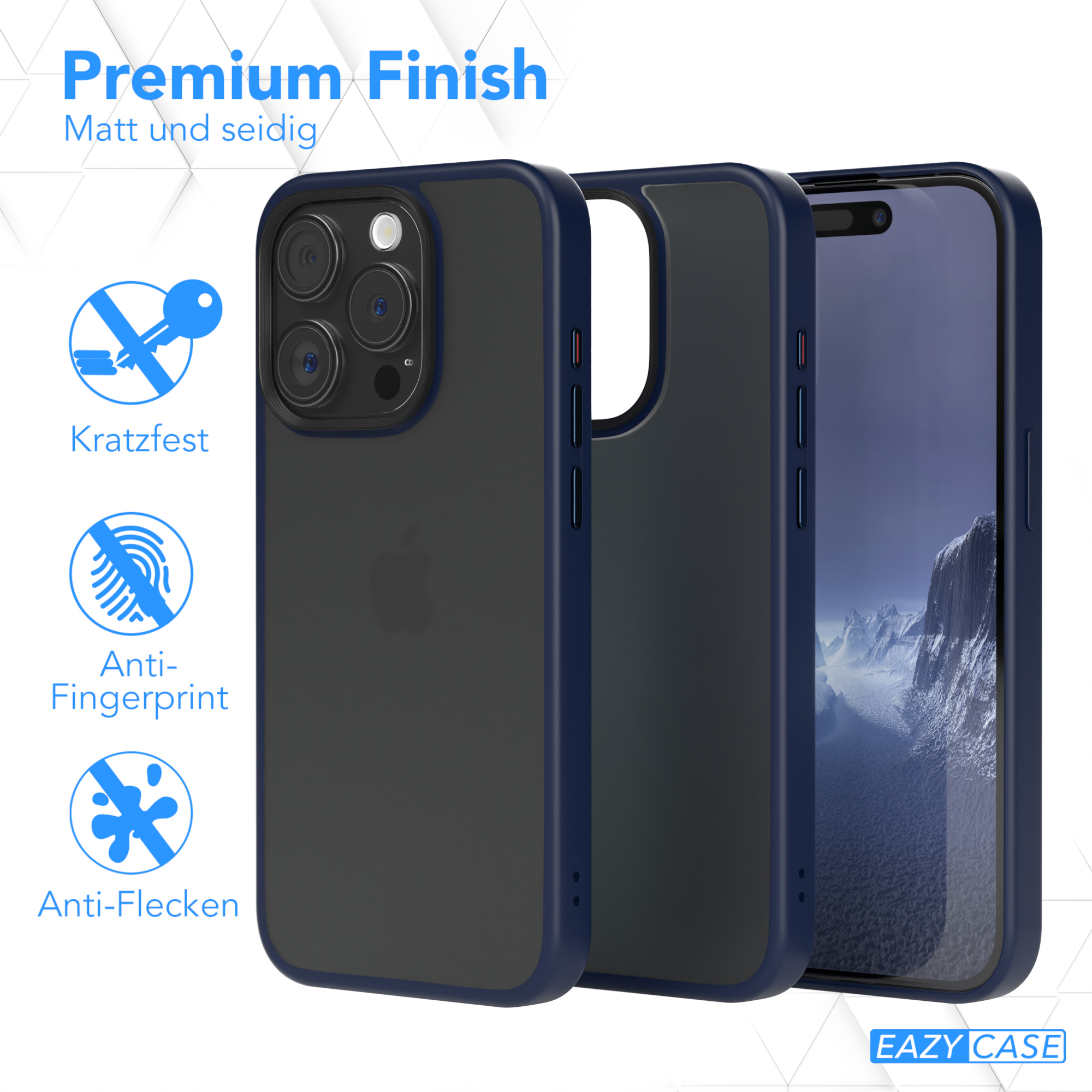 Eine Handyhülle mit schwarzer Rückseite und blauen Kanten, neben einem Handy, mit Symbolen und Funktionen.