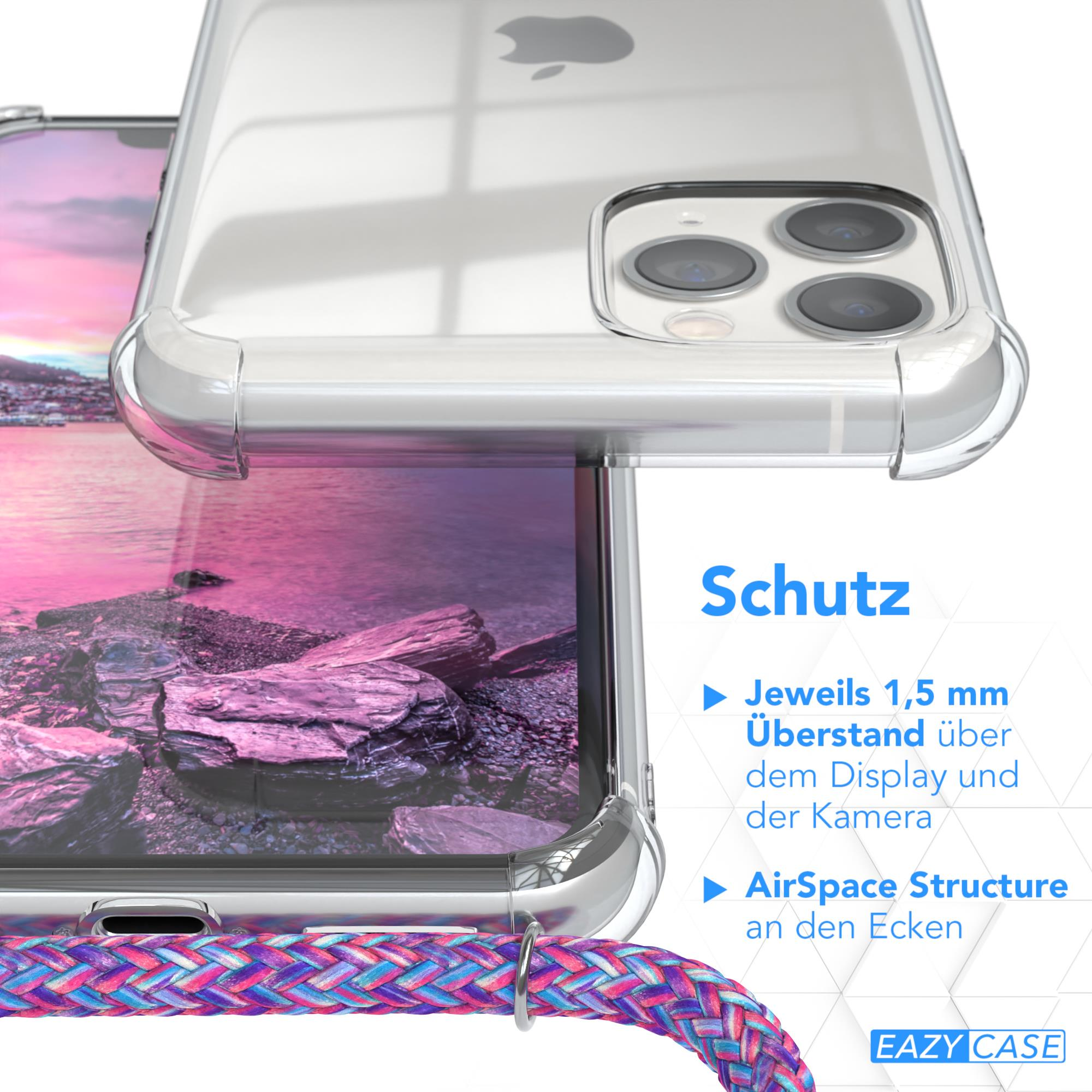 Transparente Handyhülle auf einem Telefon mit farbenfrohem geflochtenem Riemen. Text zeigt Bildschirm- und Eckenschutz.