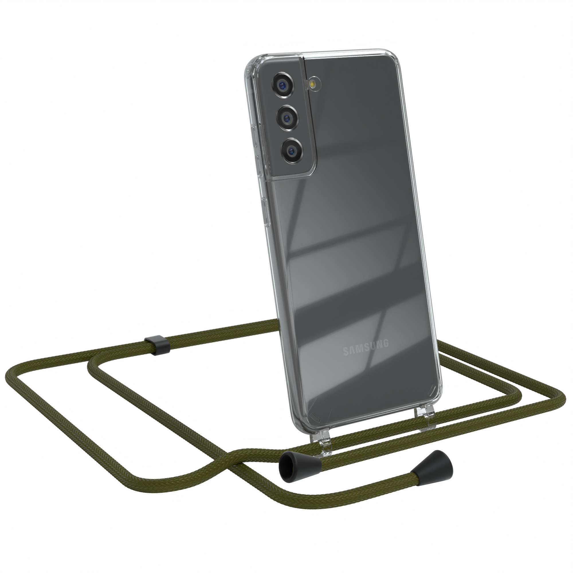 EAZY CASE Clear Cover mit Olive Umhängeband, Galaxy Samsung, S21 Umhängetasche, Grün FE 5G