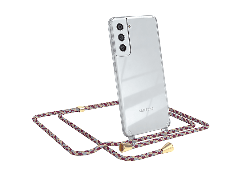 EAZY CASE Clear Cover mit Umhängeband, Umhängetasche, Samsung, Galaxy S21 FE 5G, Rot Beige Camouflage / Clips Gold