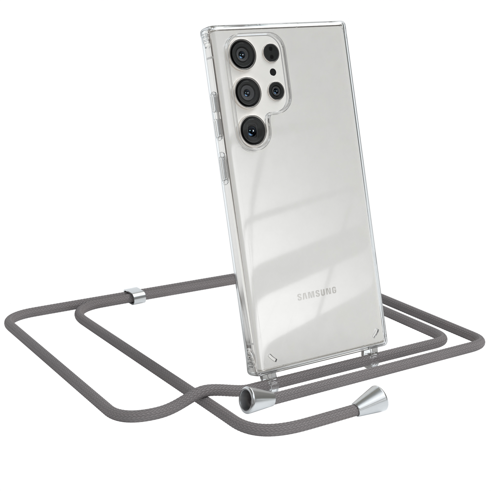 Eine transparente Handyhülle mit grauem Schlüsselband, hält ein Telefon.  Weißer Hintergrund.