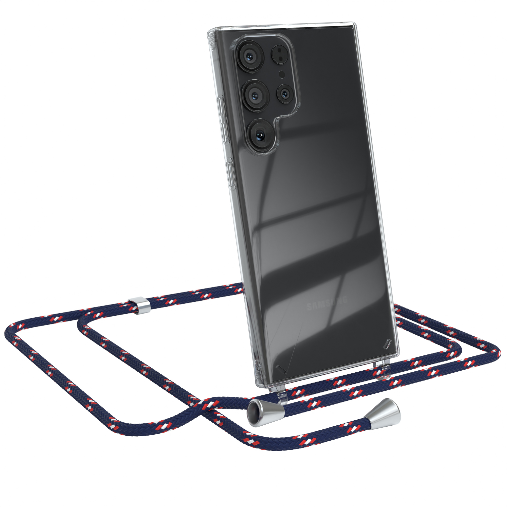 Ein Telefon mit einer transparenten Hülle und einem blau-roten Schlüsselband.