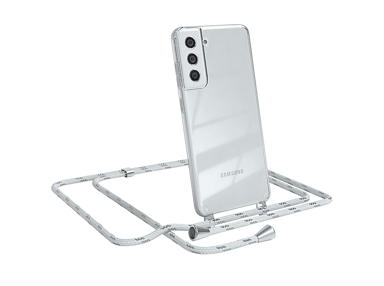 EAZY CASE Clear Cover mit Umhängeband, Umhängetasche, Samsung, Galaxy S21 FE 5G, Weiß / Clips Silber